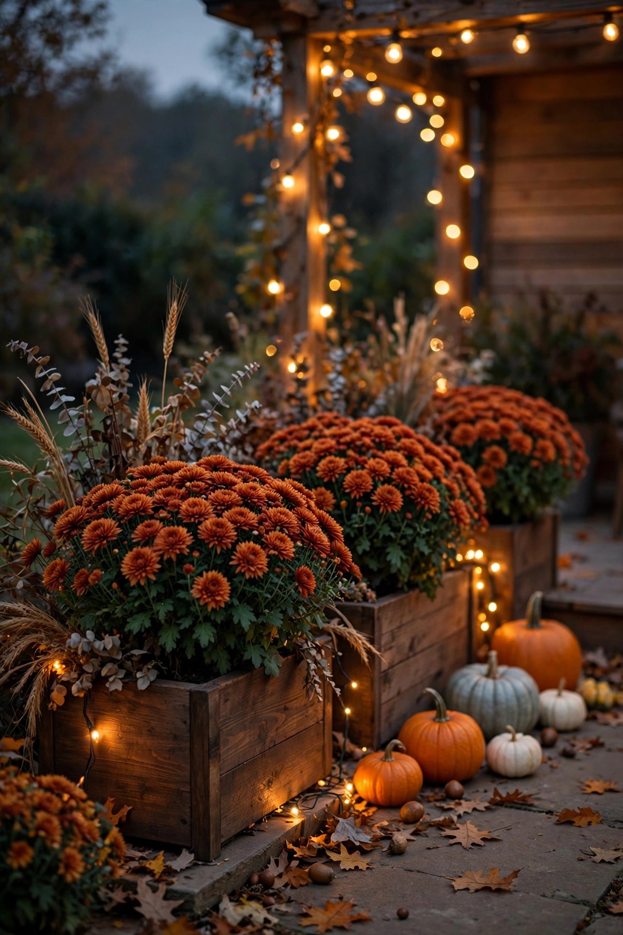 Fall patio planters with rust-colored mums and amber fairy lights beside small pumpkins at dusk