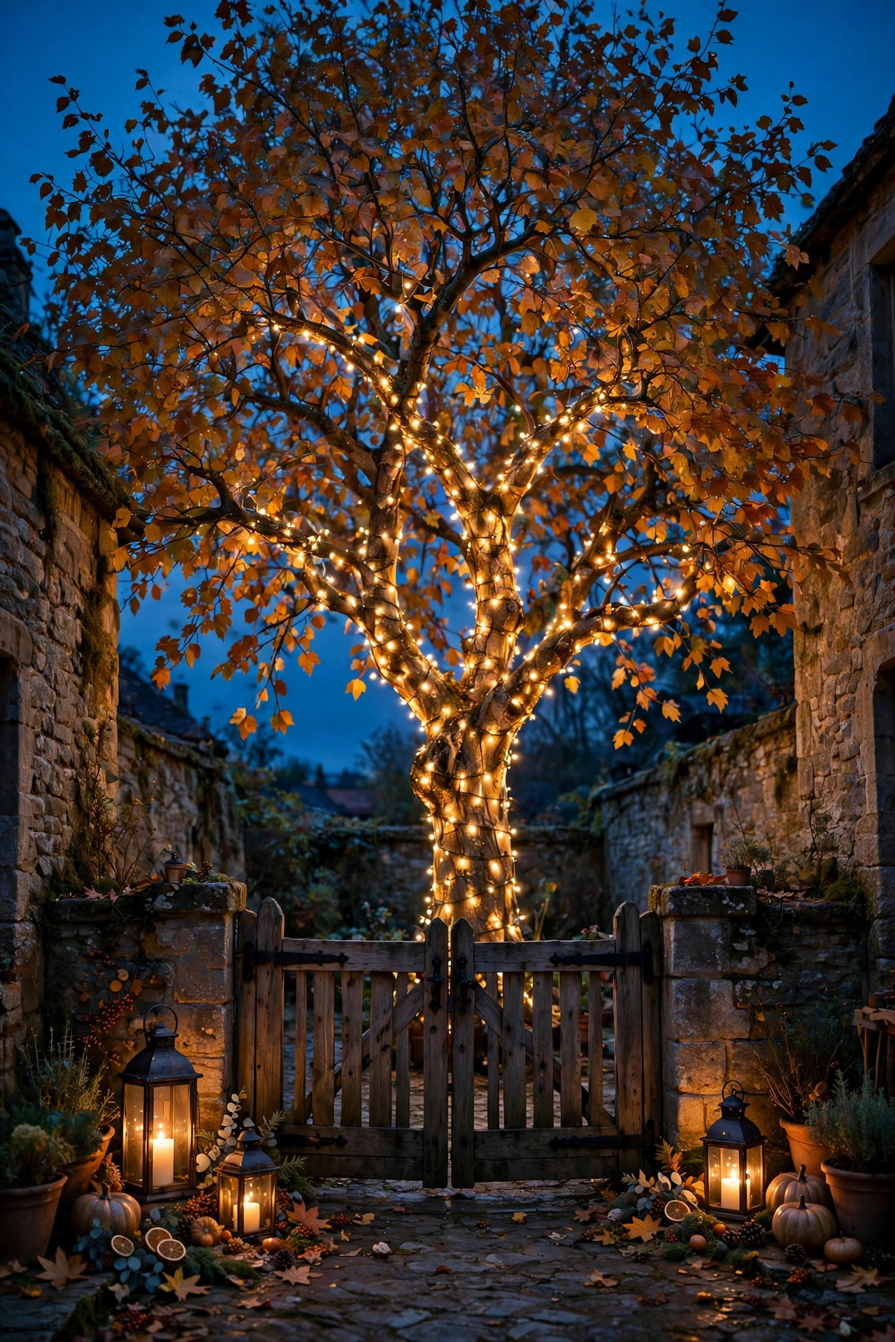 Courtyard tree wrapped in warm string lights at dusk with seasonal lantern accents by the gate