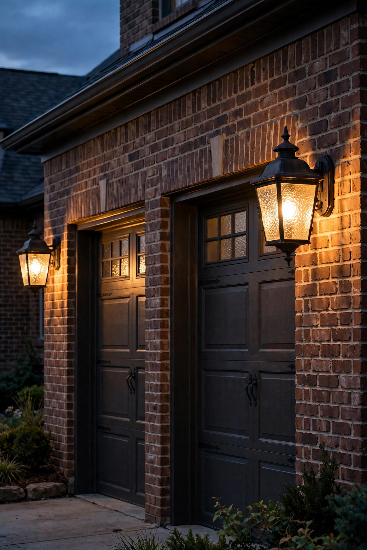 Seeded-glass carriage lanterns glowing with a soft rippled warmth beside garage doors