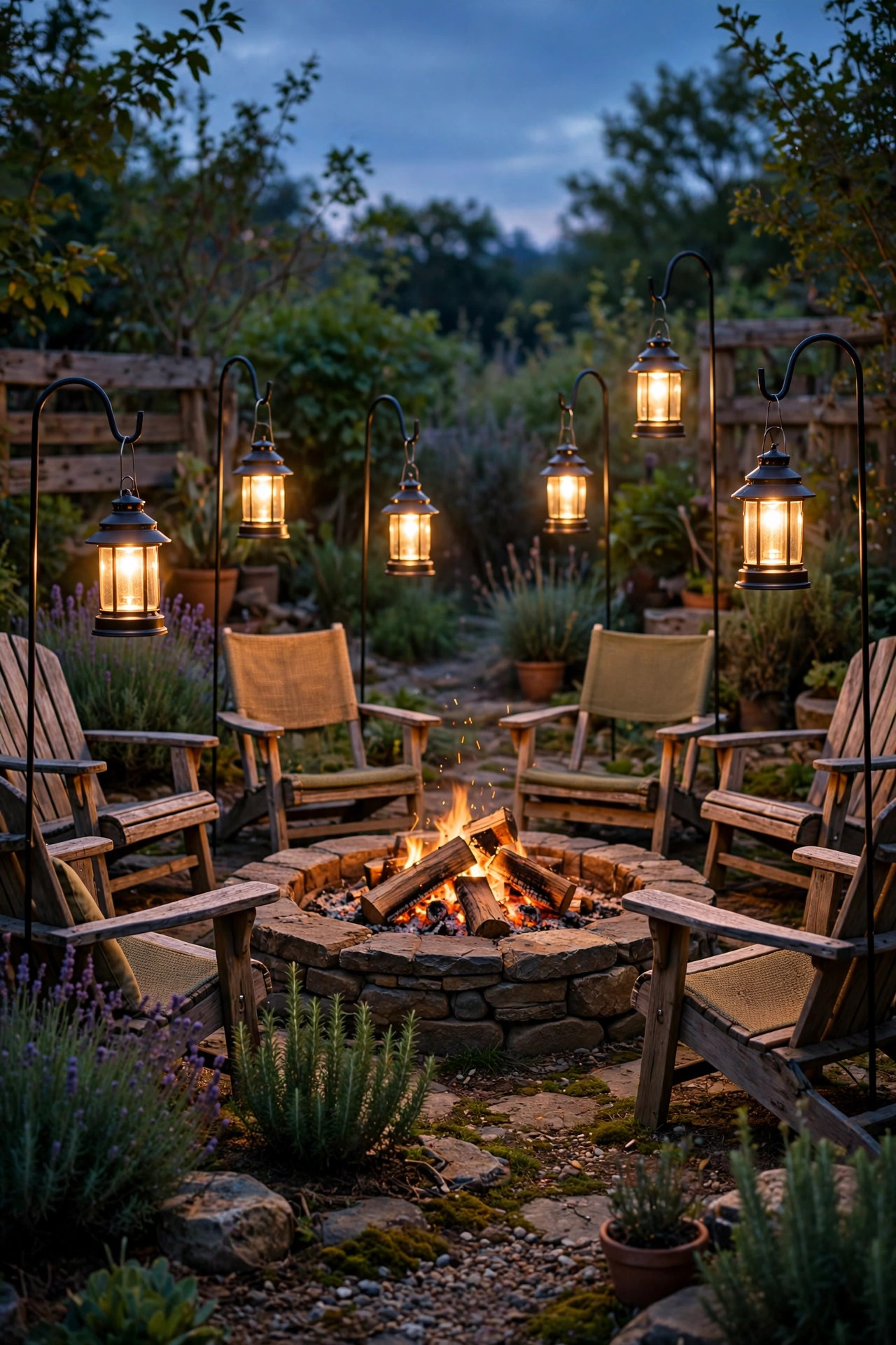 Solar lanterns hanging from shepherd's hooks around a fire pit seating circle