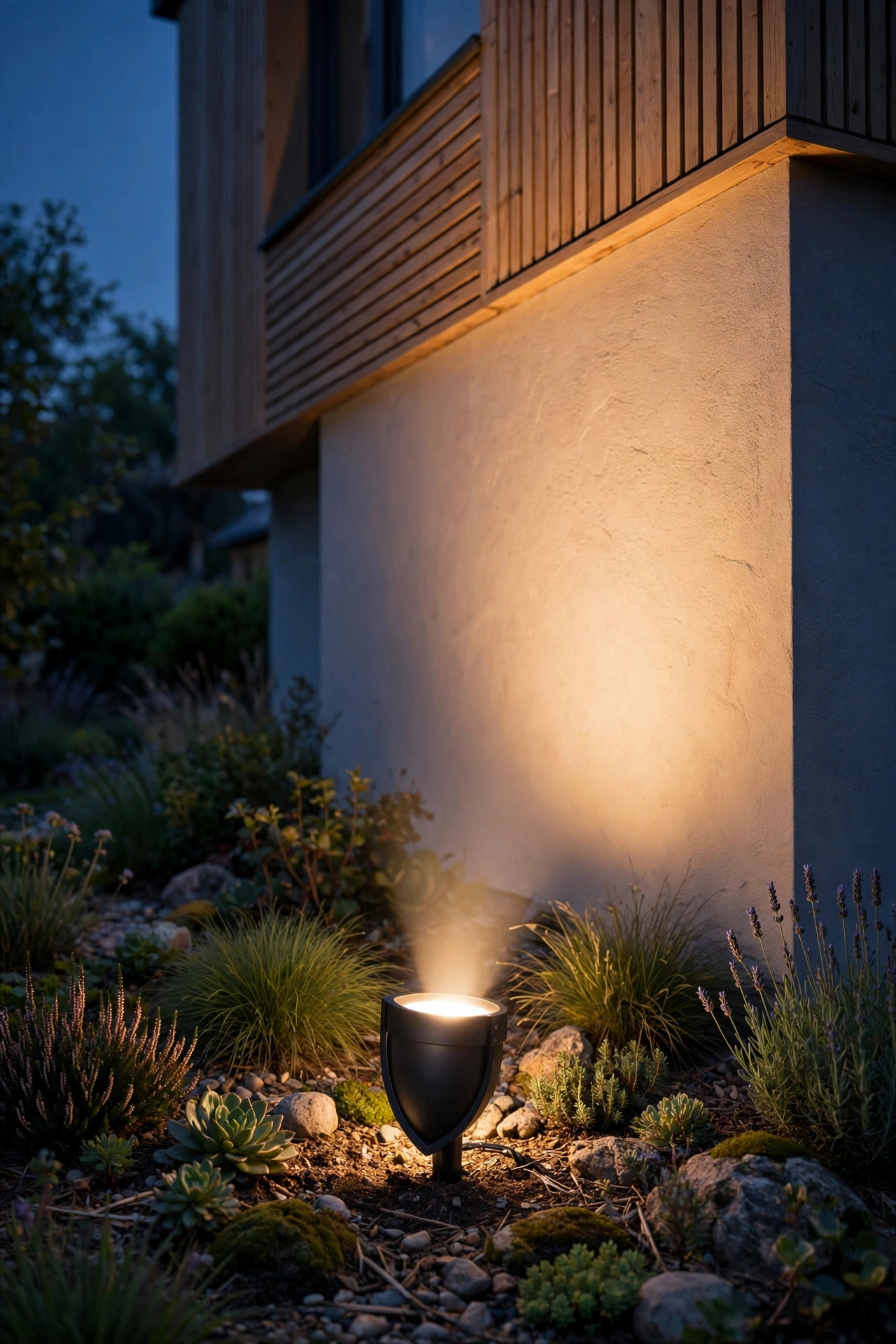 Shielded low-glare spotlight fixture in a garden bed casting controlled warm light up a facade at night