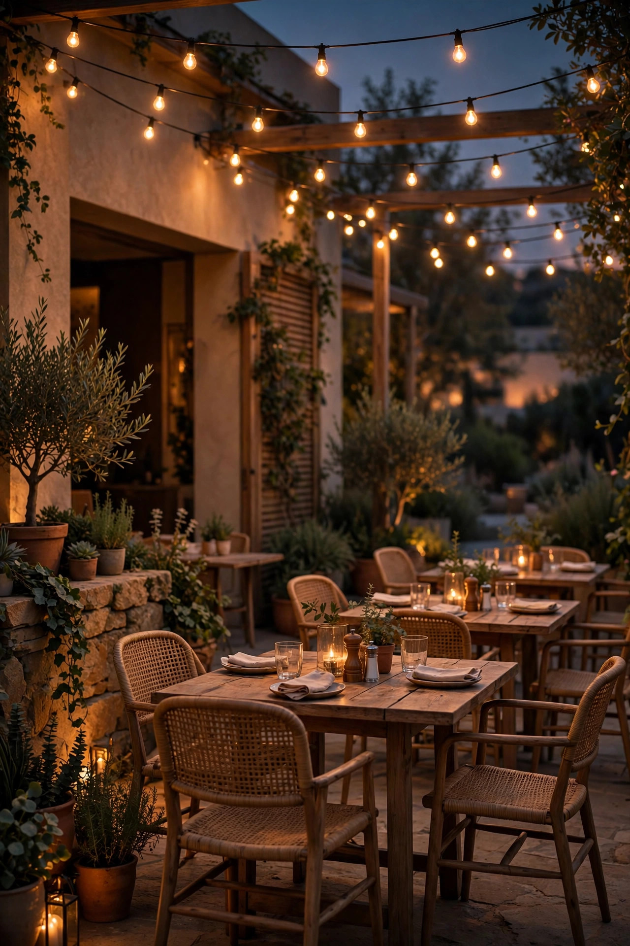 Outdoor dining area glowing in a soft amber evening scene with dimmed string lights overhead