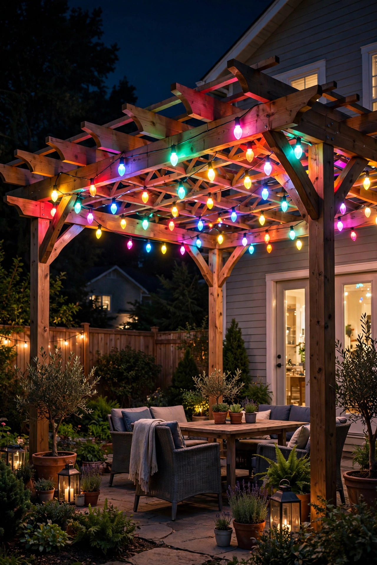 Pergola glowing with colorful smart bulbs during an outdoor party at night