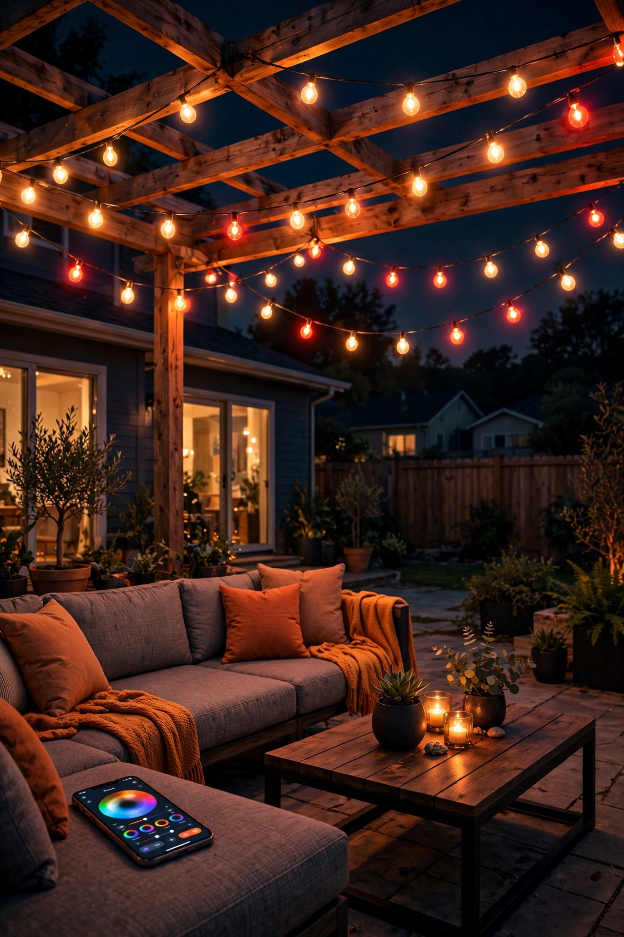 Color-changing smart string lights over a patio glowing in warm and festive colors