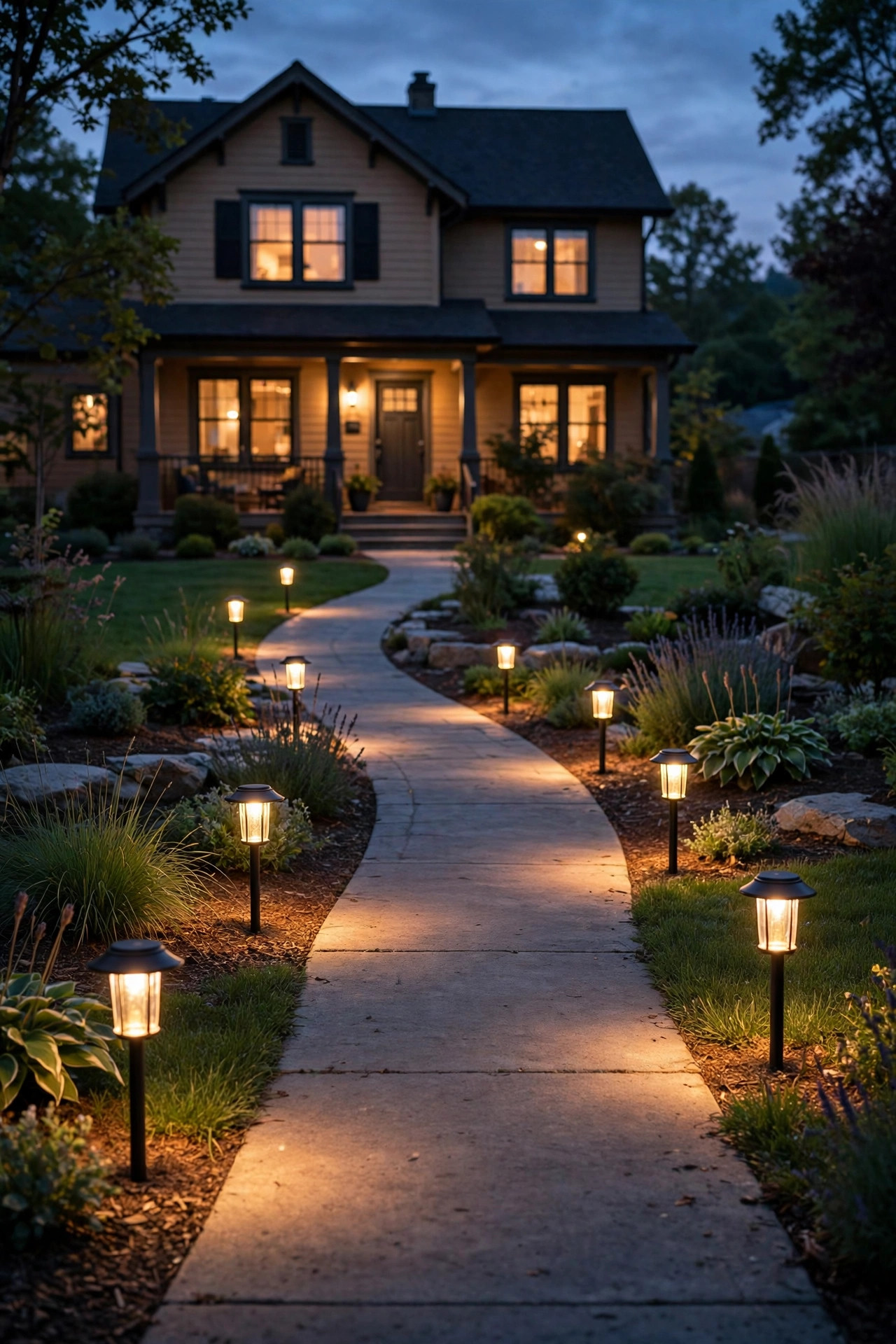 Smart timer lantern path lights glowing on schedule along a front walkway as a house settles into the evening