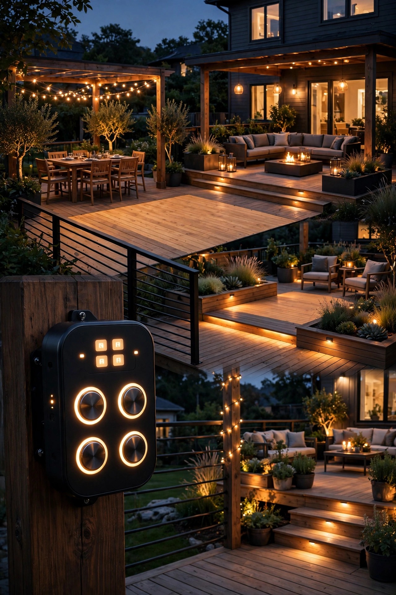Smart timer controls dividing a wraparound deck into four warm lighting zones at dusk
