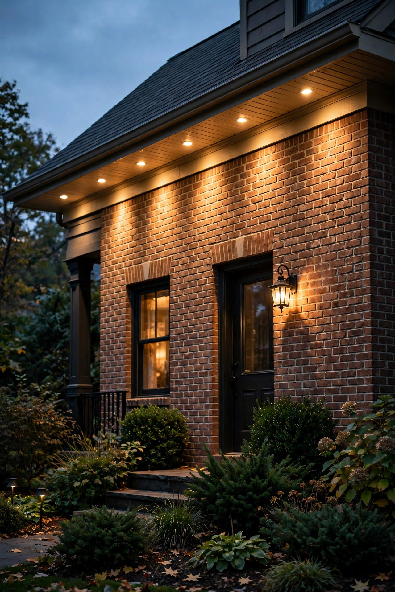 Soffit downlights along a porch roof edge washing warm light down a brick facade