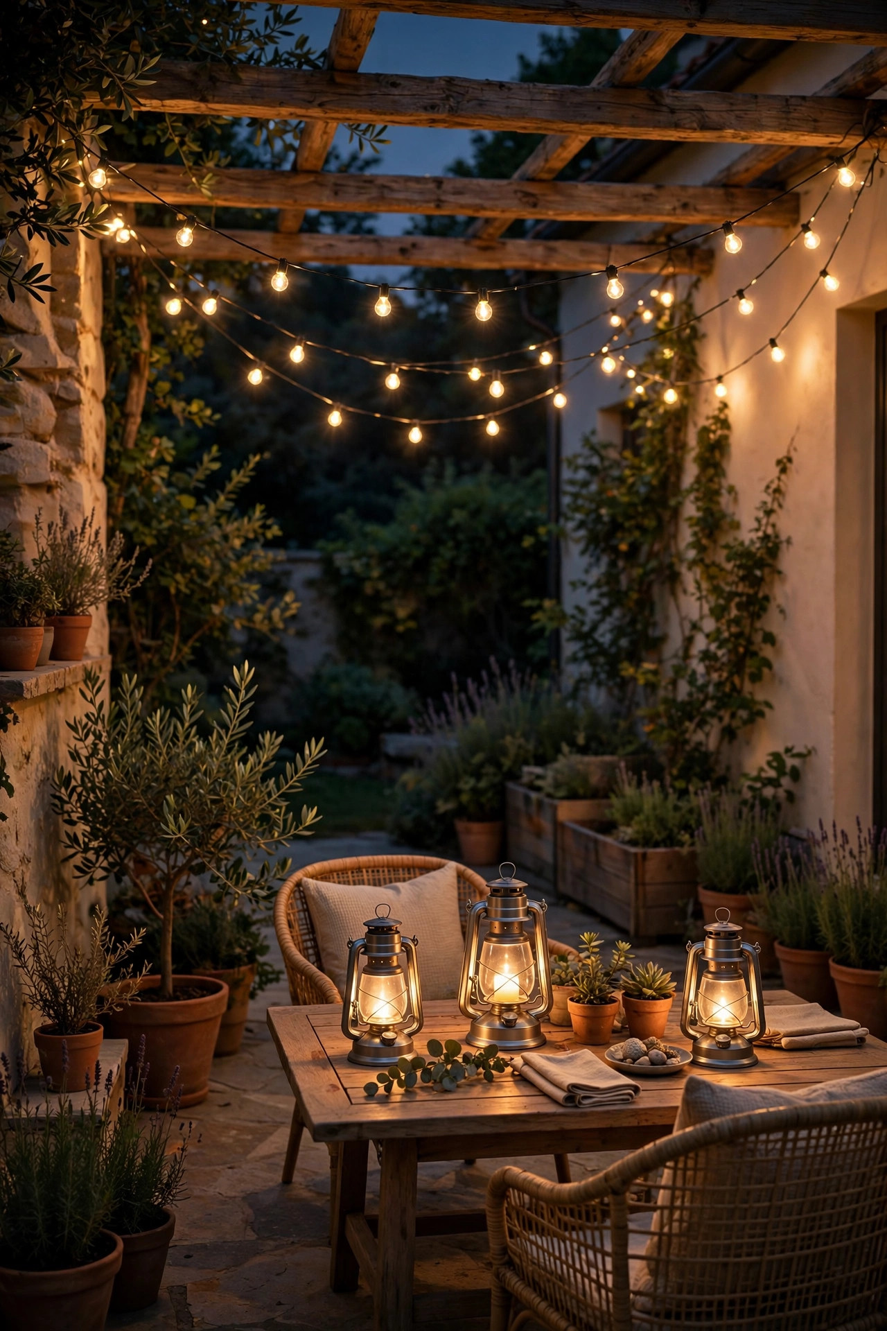 Solar string lights and battery lanterns lighting a patio with no visible cords or outlets at night