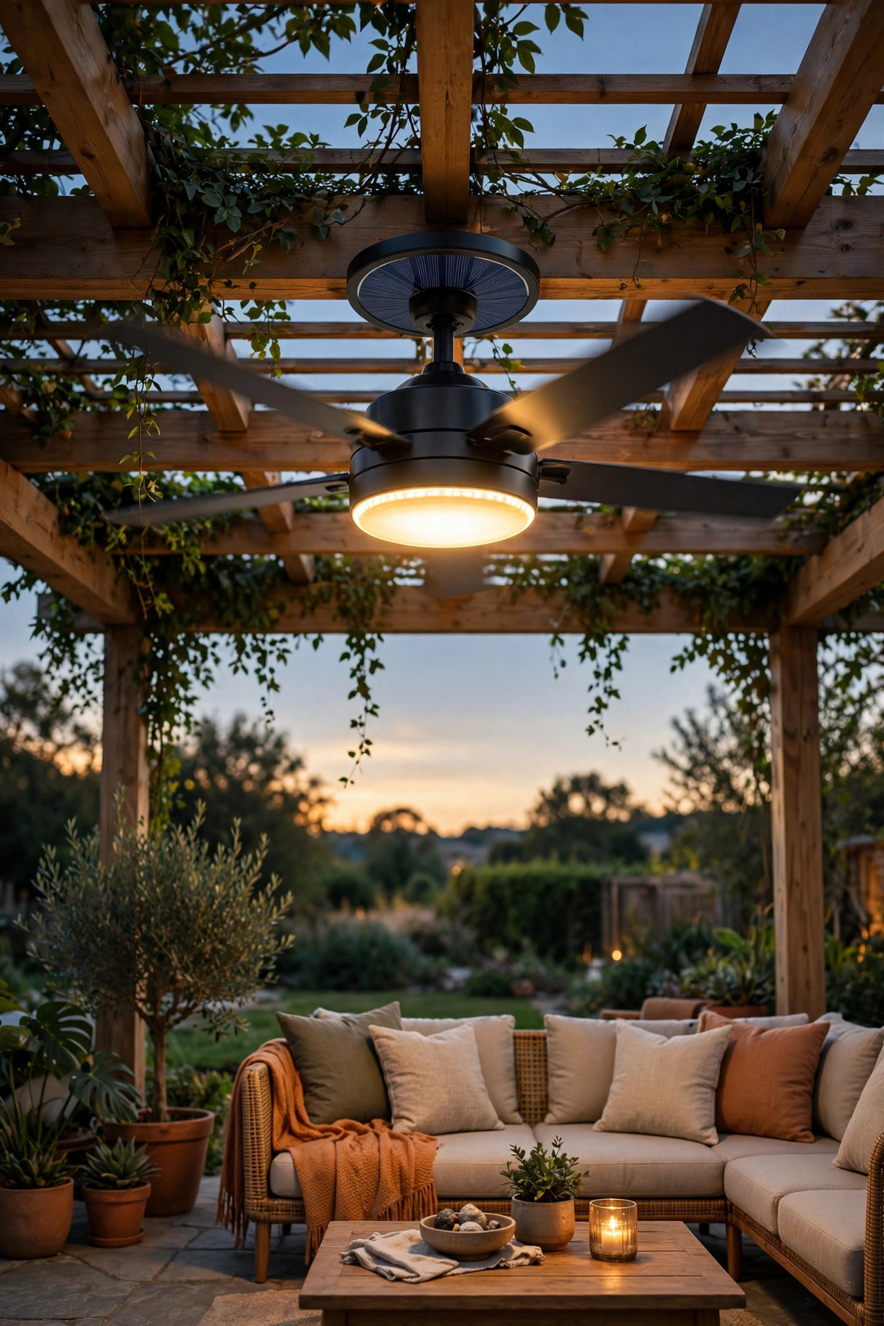 Solar powered ceiling fan light turning above a pergola lounge at dusk