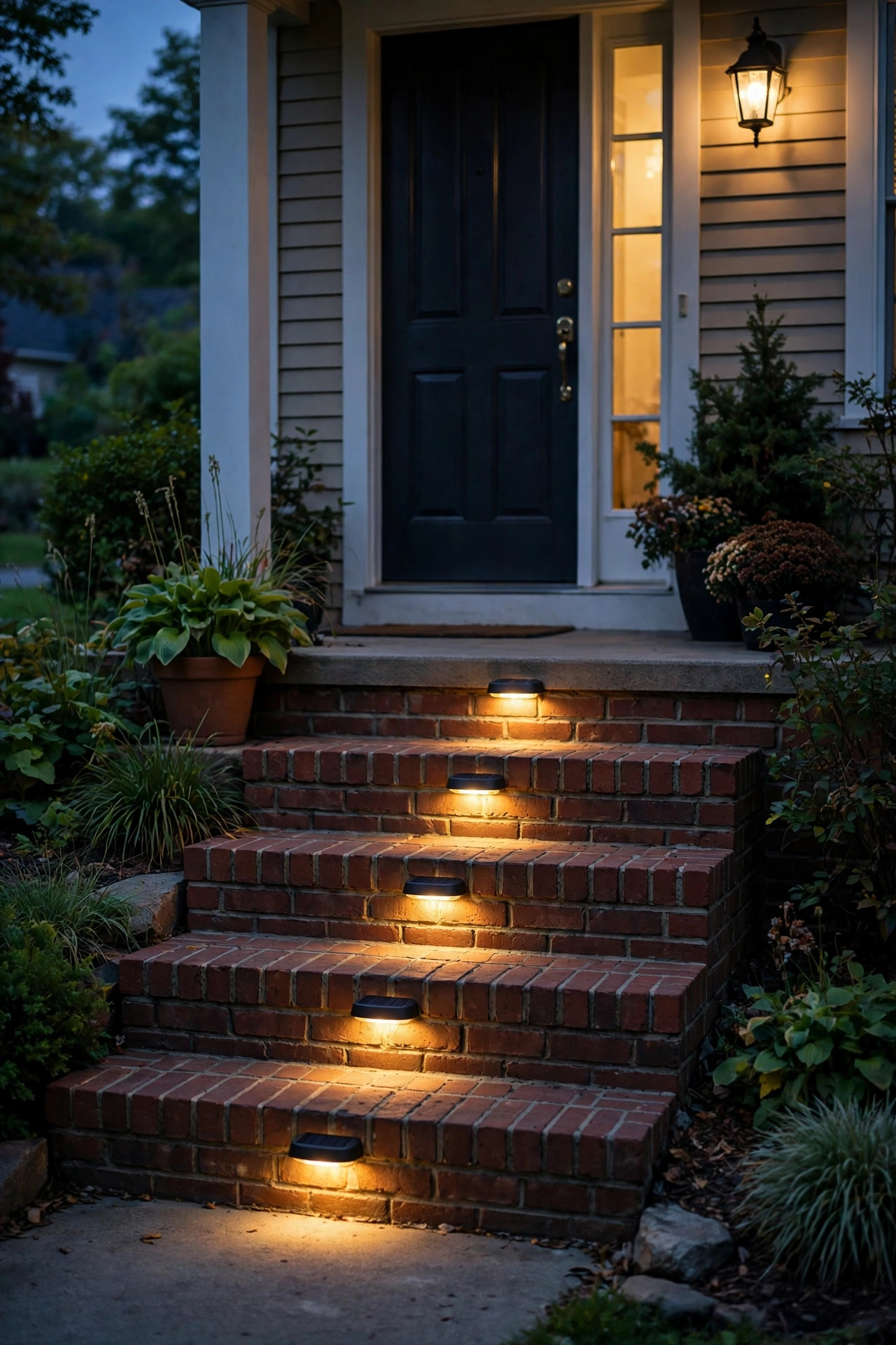 Solar step lights glowing on each riser of a front stoop at night