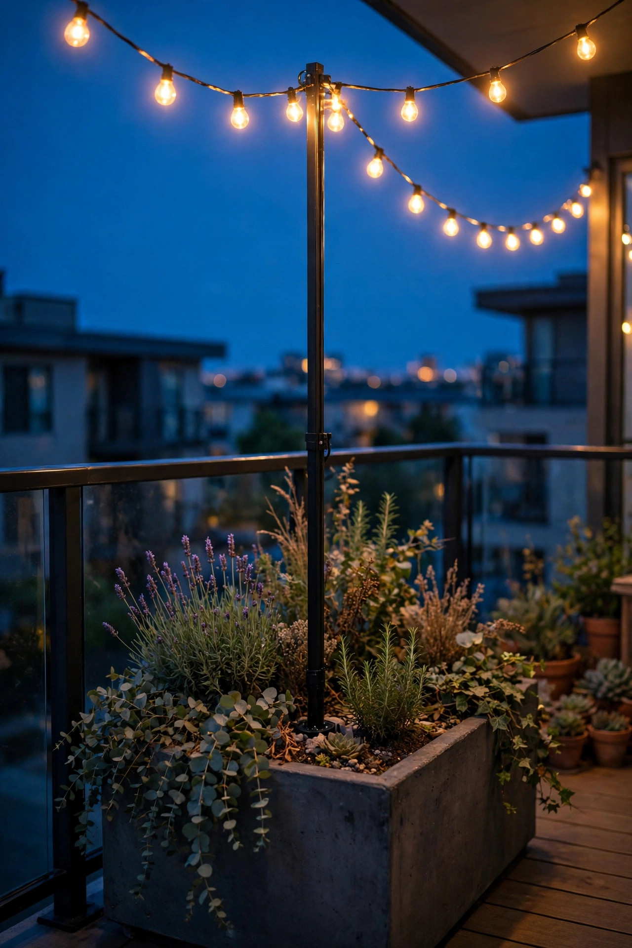 String light pole planted in a large flower planter anchoring overhead string lights on a condo balcony at dusk