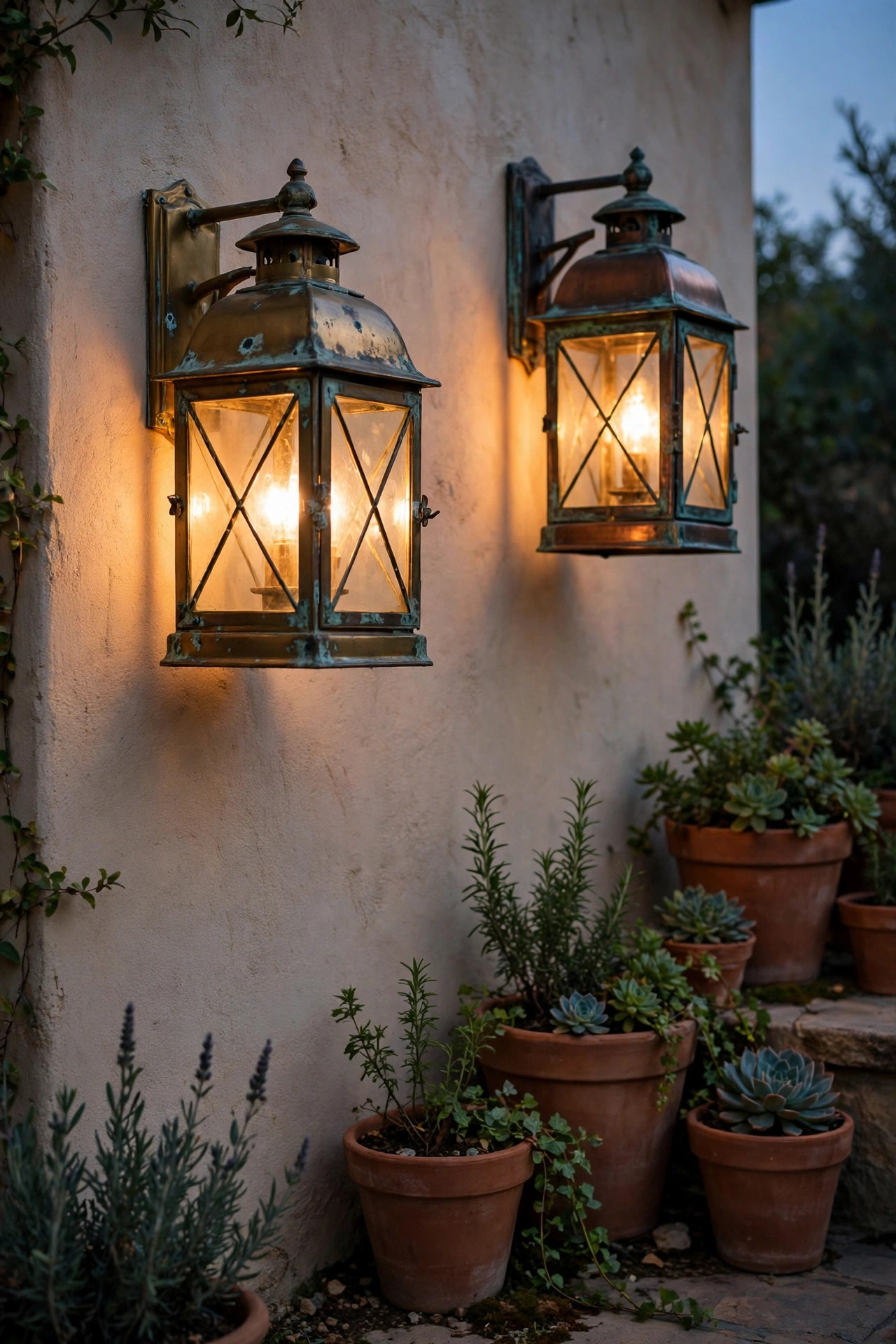 Brass and copper courtyard lanterns with a soft natural patina mounted on a sunlit stucco wall beside terracotta pots