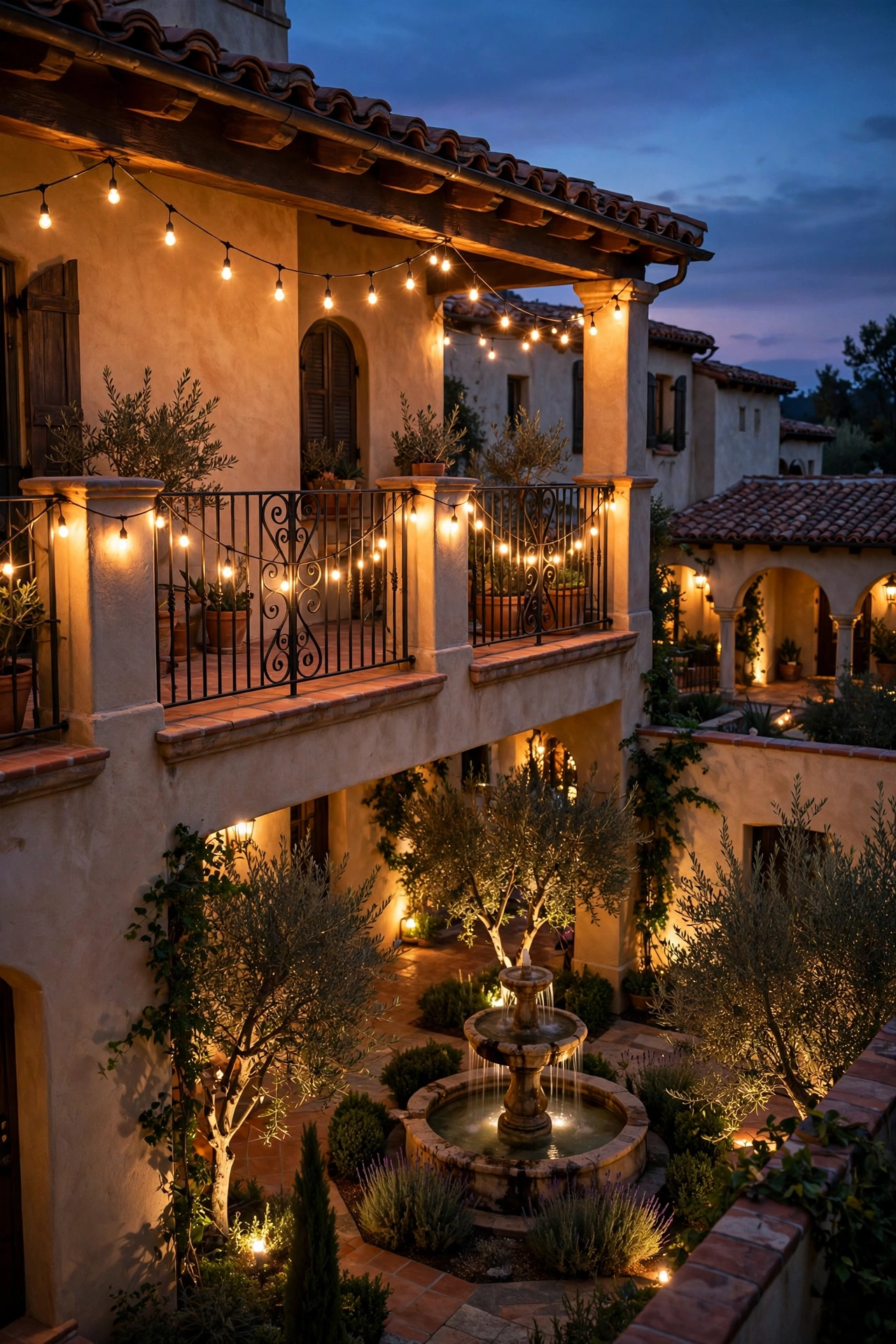String lights swagged along an upper terrace railing overlooking a Mediterranean courtyard