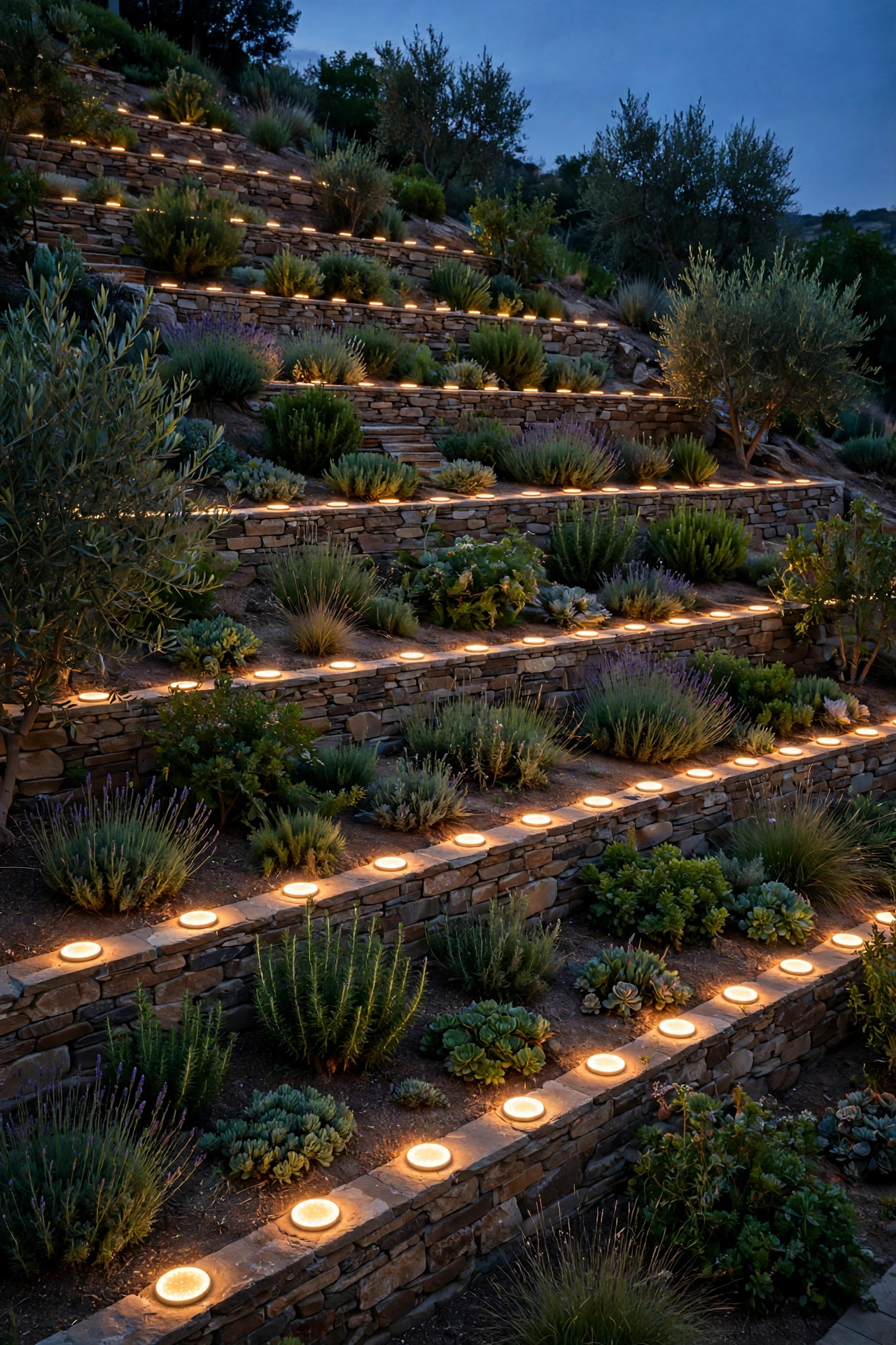 Rows of solar disk lights following the contours of a terraced sloped garden at dusk