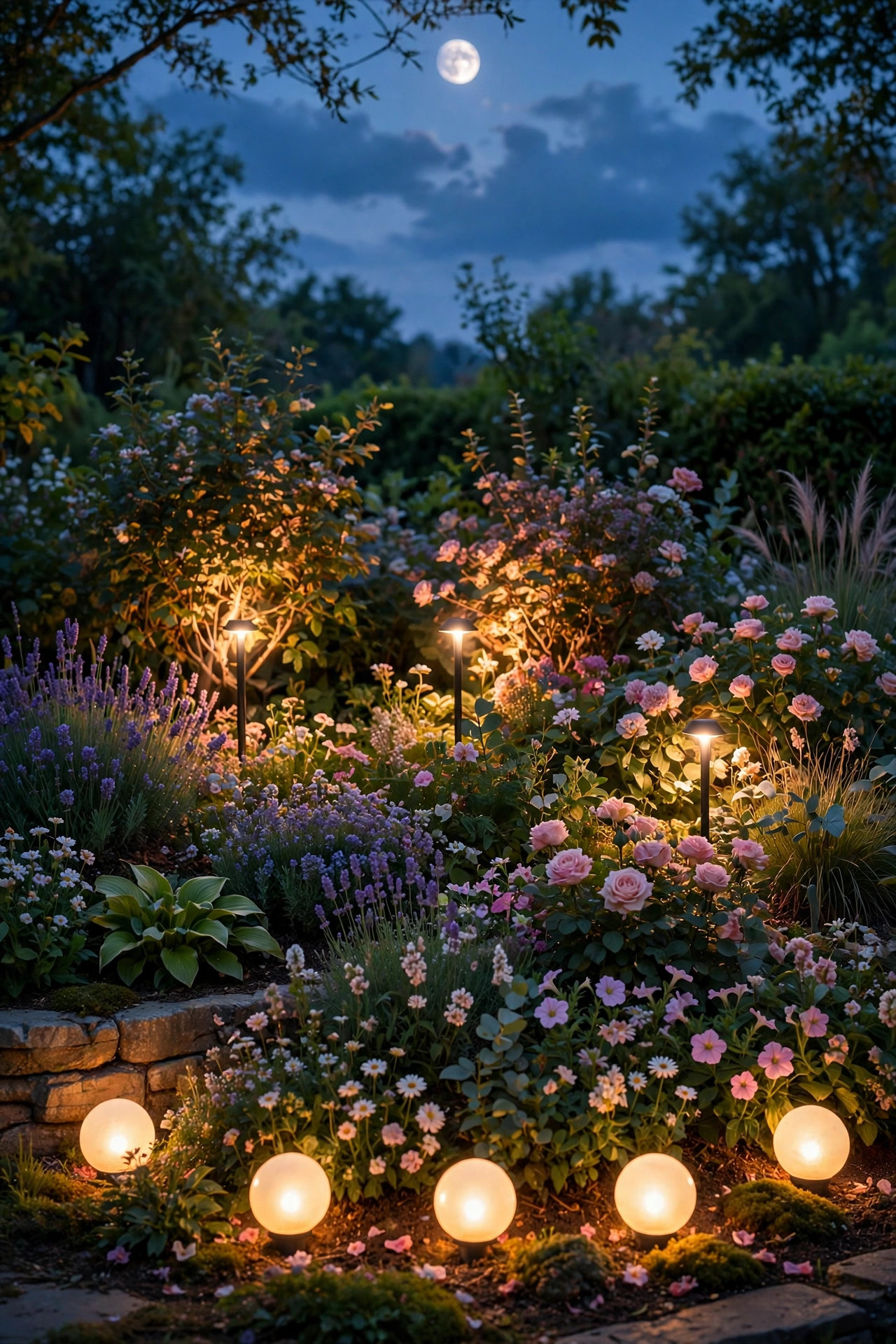 Flower bed lit at three heights with low globes mid level uplights and moonlight from above