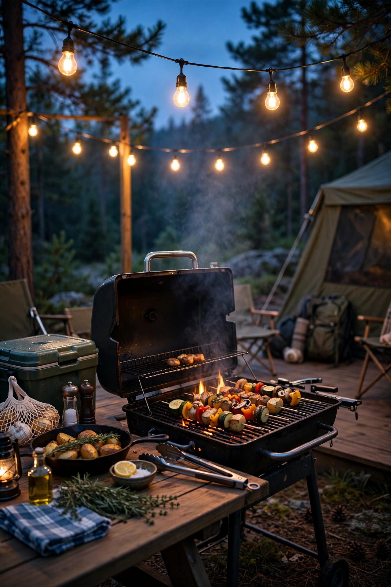 Campsite patio lights coming on automatically at dusk while dinner cooks on the grill