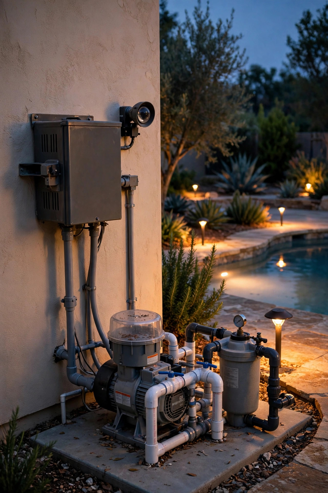 Low-voltage landscape lighting transformer with a dusk-to-dawn photocell mounted beside pool equipment at dusk