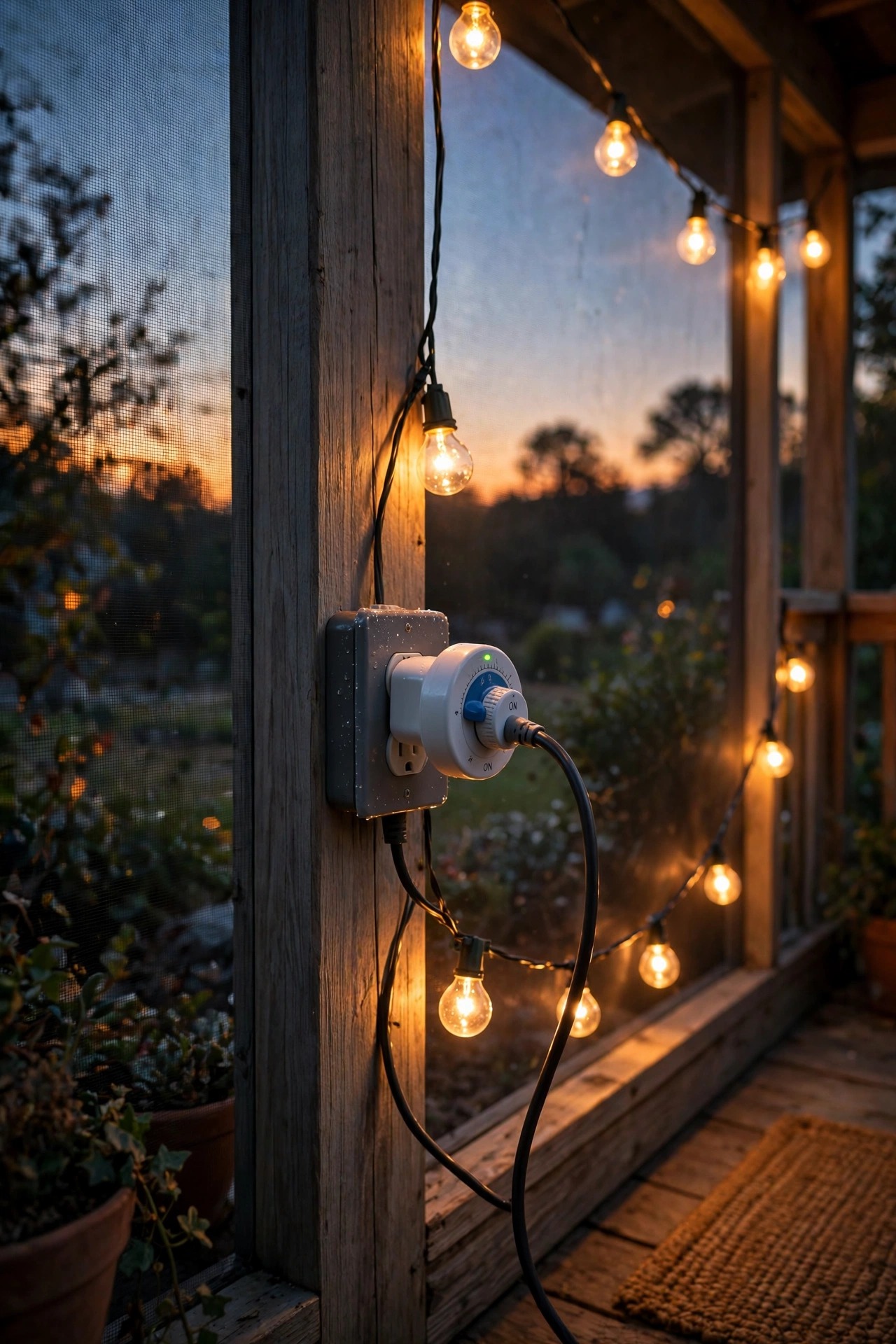 Smart plug and timer controlling warm screened porch string lights as they switch on at sunset