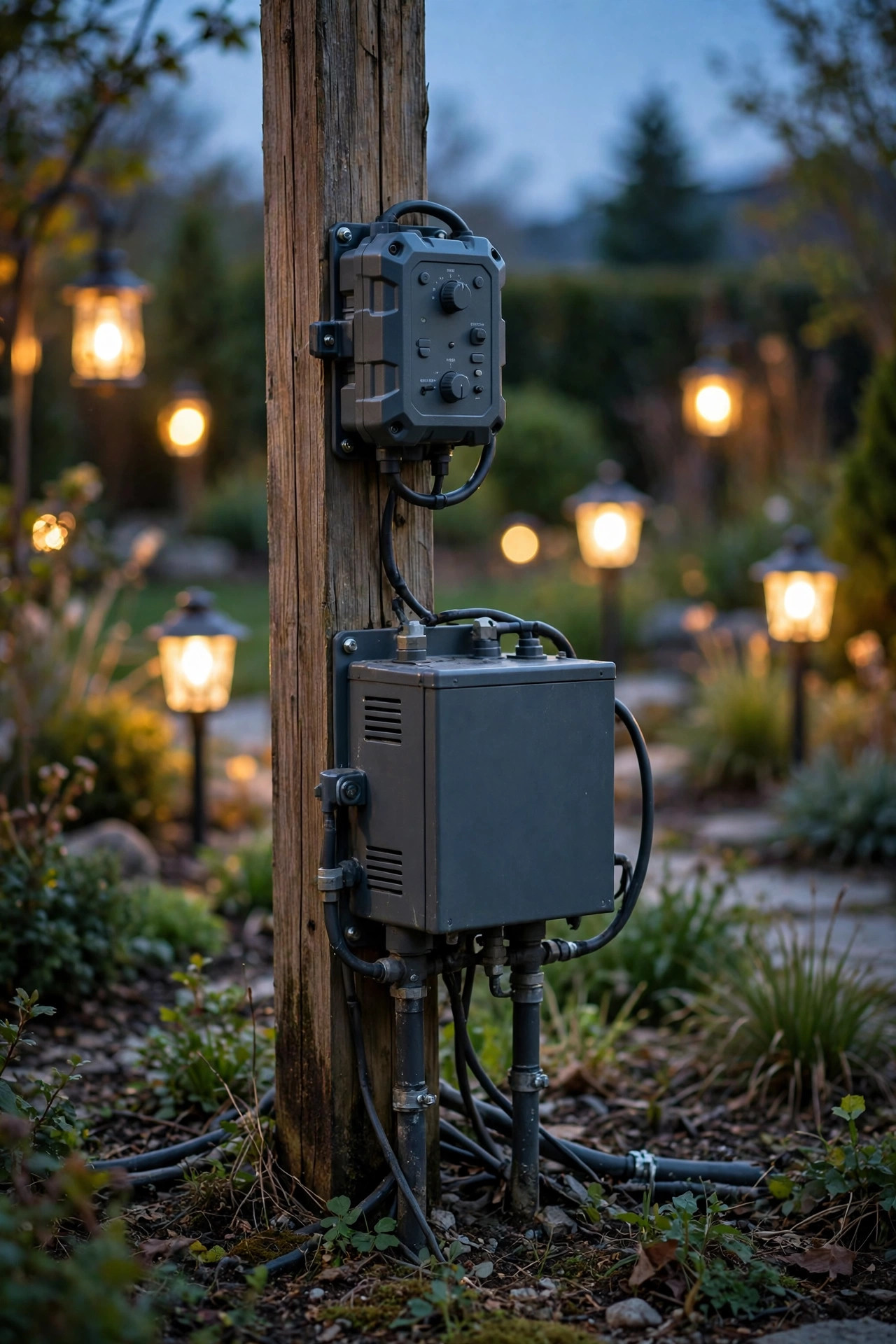 Low-voltage transformer with a timer mounted on a post as garden lanterns glow in the background at dusk