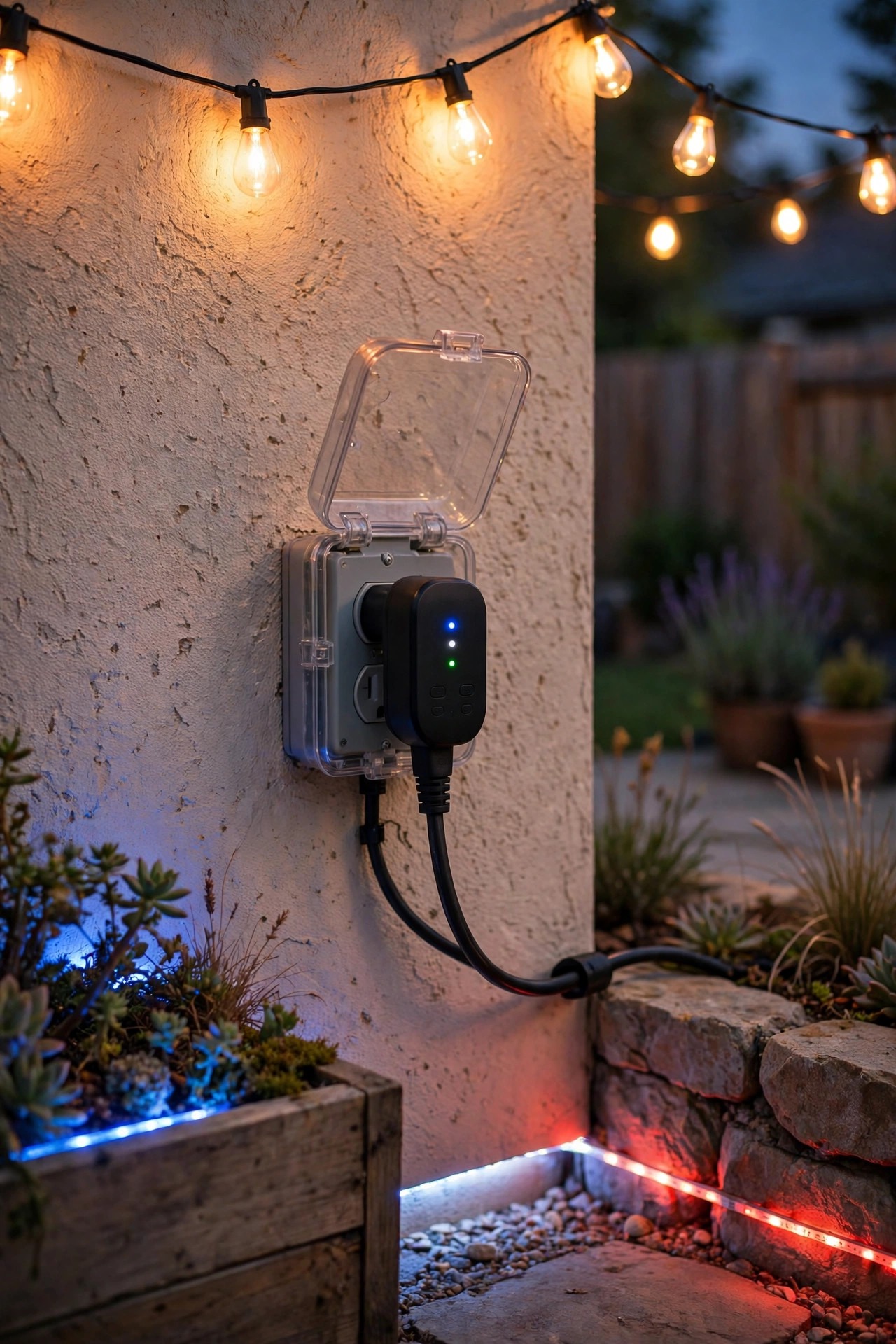 Outdoor smart plug and timer setup controlling backyard string lights at dusk