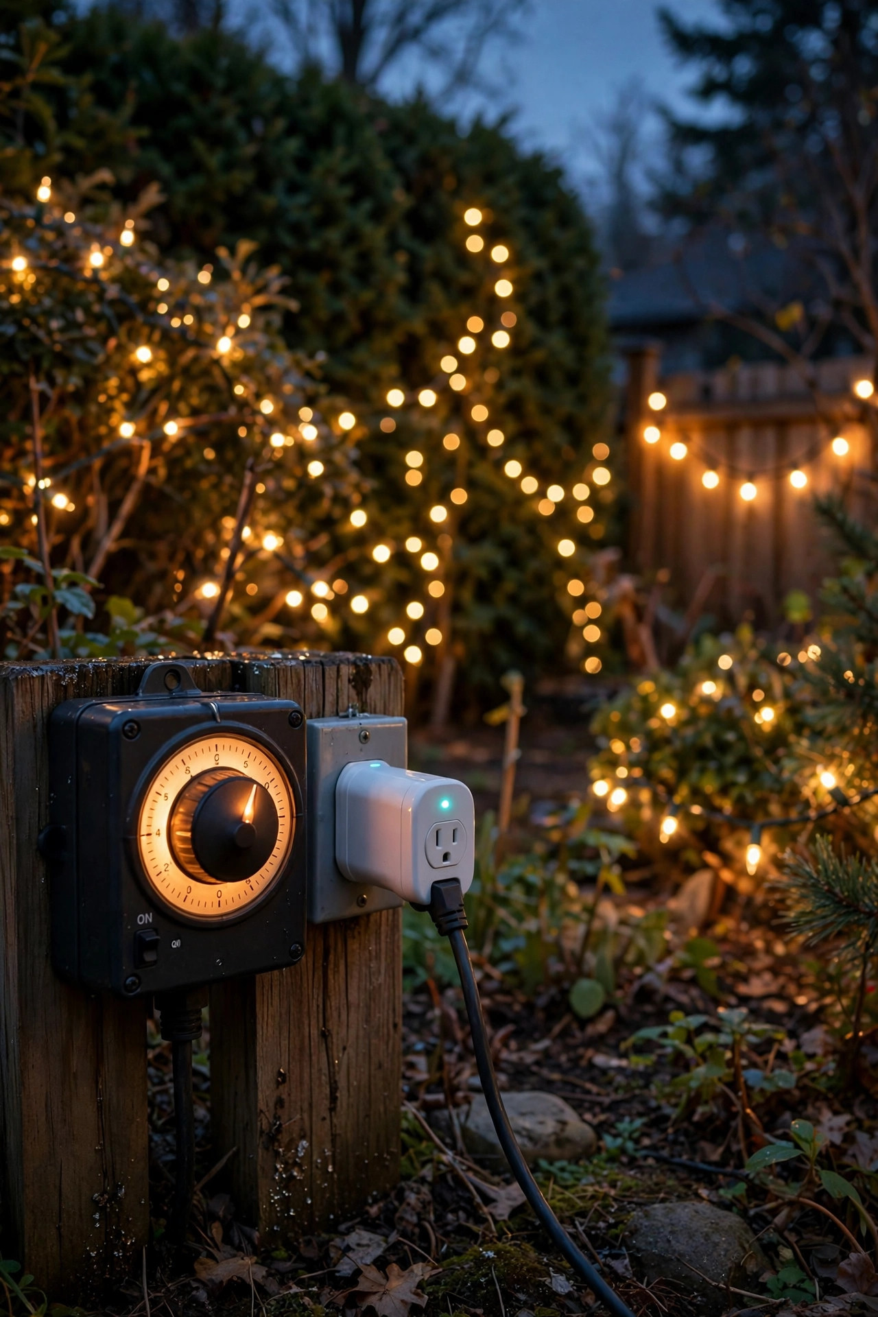 Outdoor smart plug and timer controlling cabin deck lights at sunset