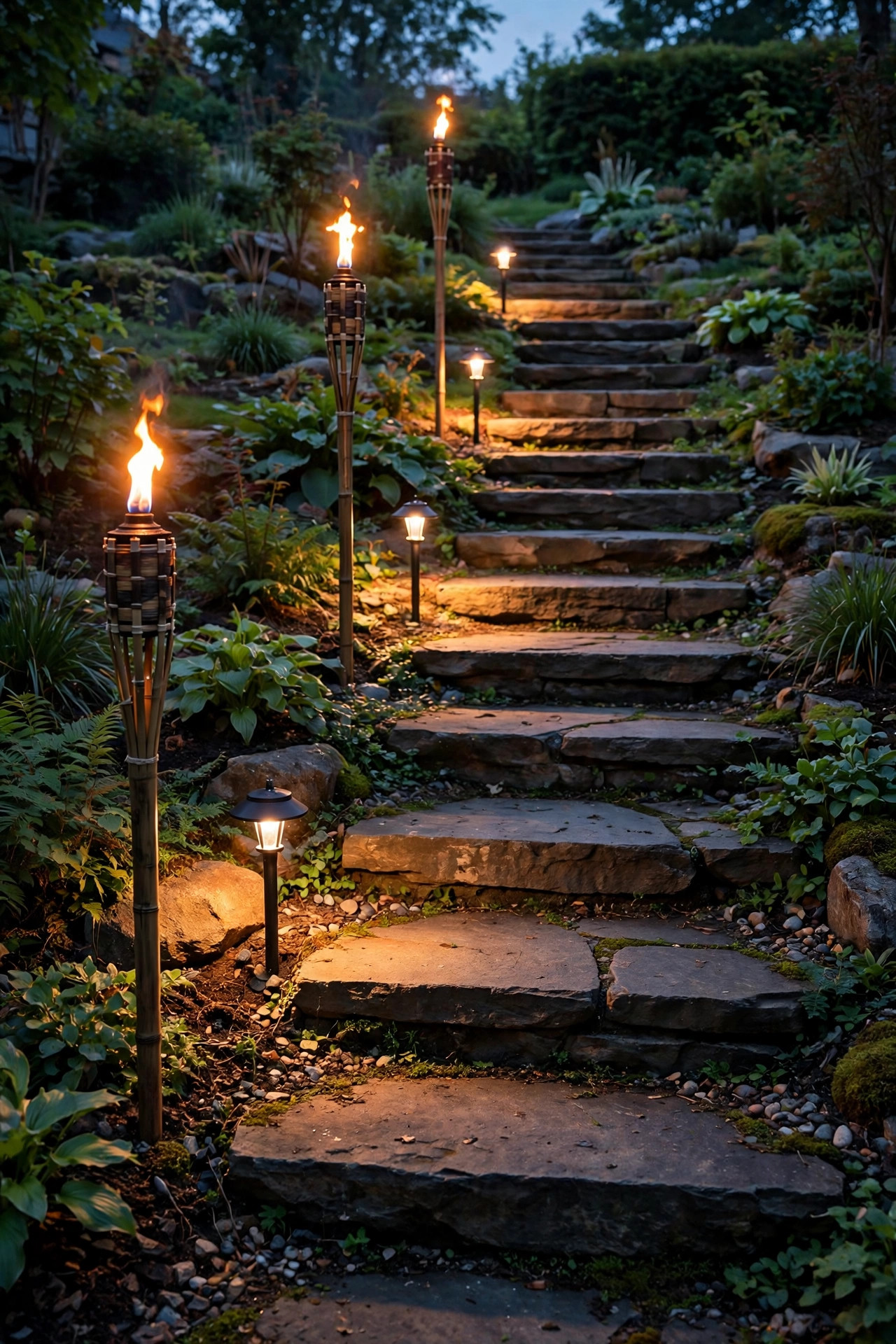 Solar tiki torches alternating with warm path lights along stone garden steps at dusk