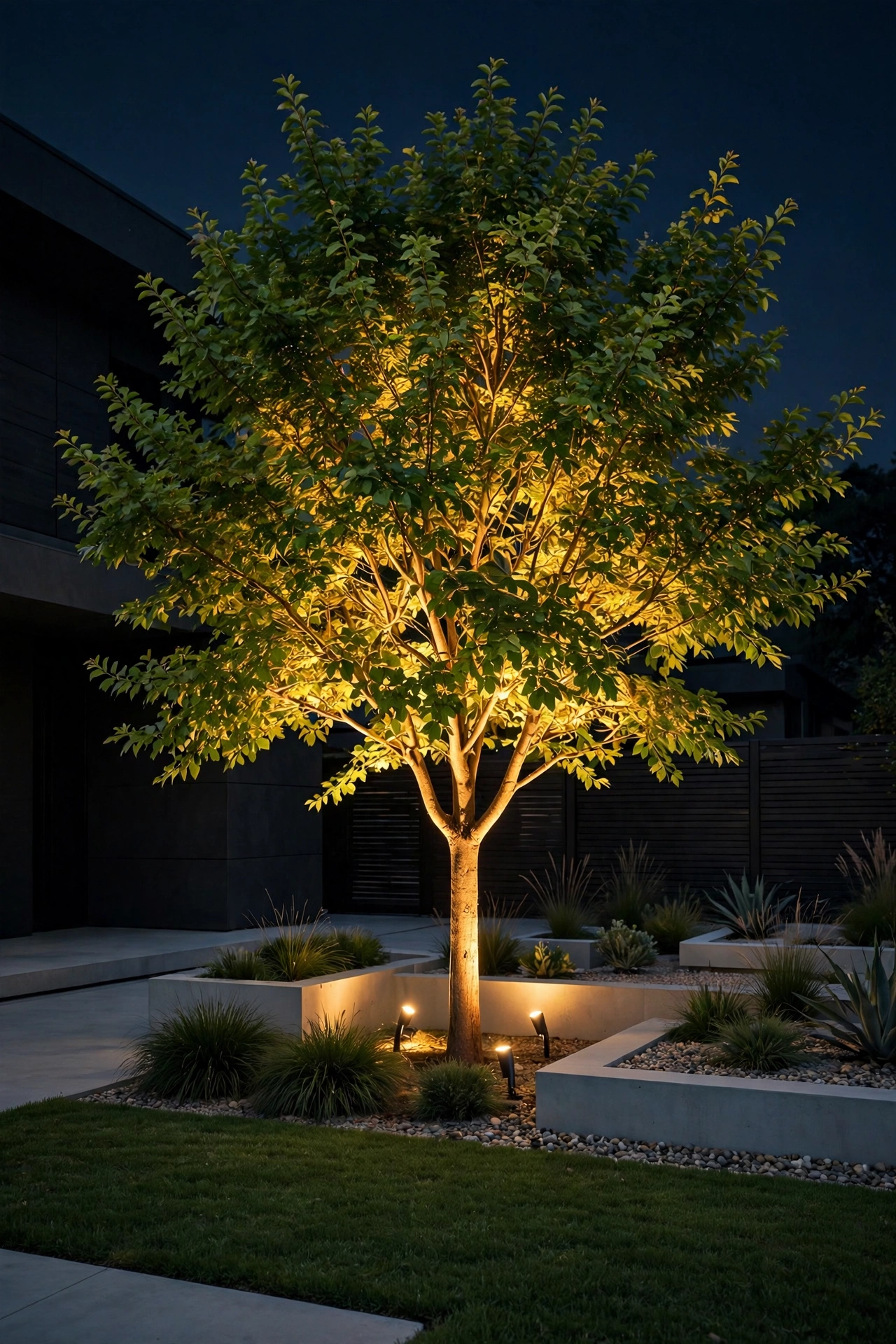 Single uplight sculpting a statement tree with warm light in a modern landscape