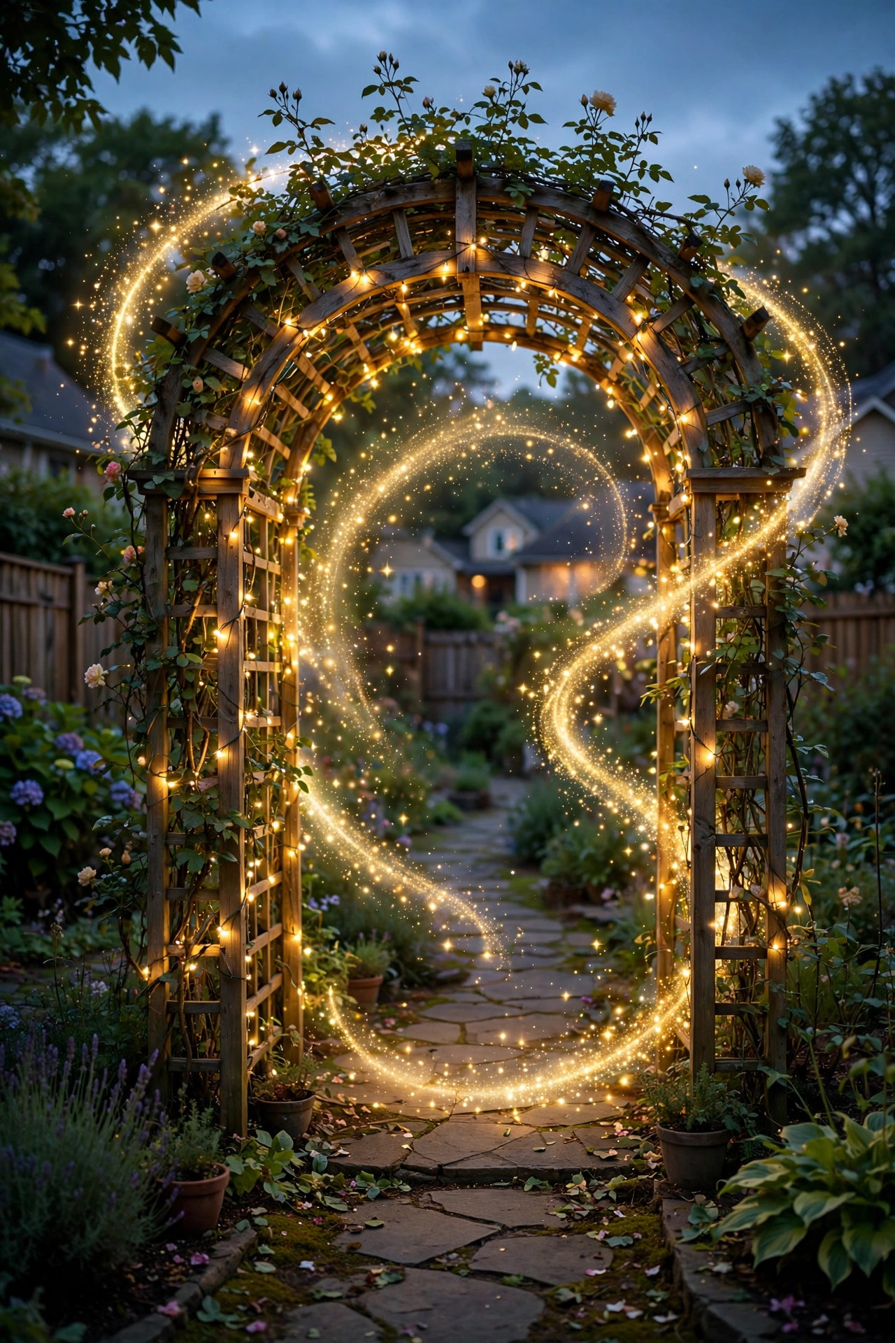 Garden archway wrapped in fairy lights forming a glowing entrance at dusk