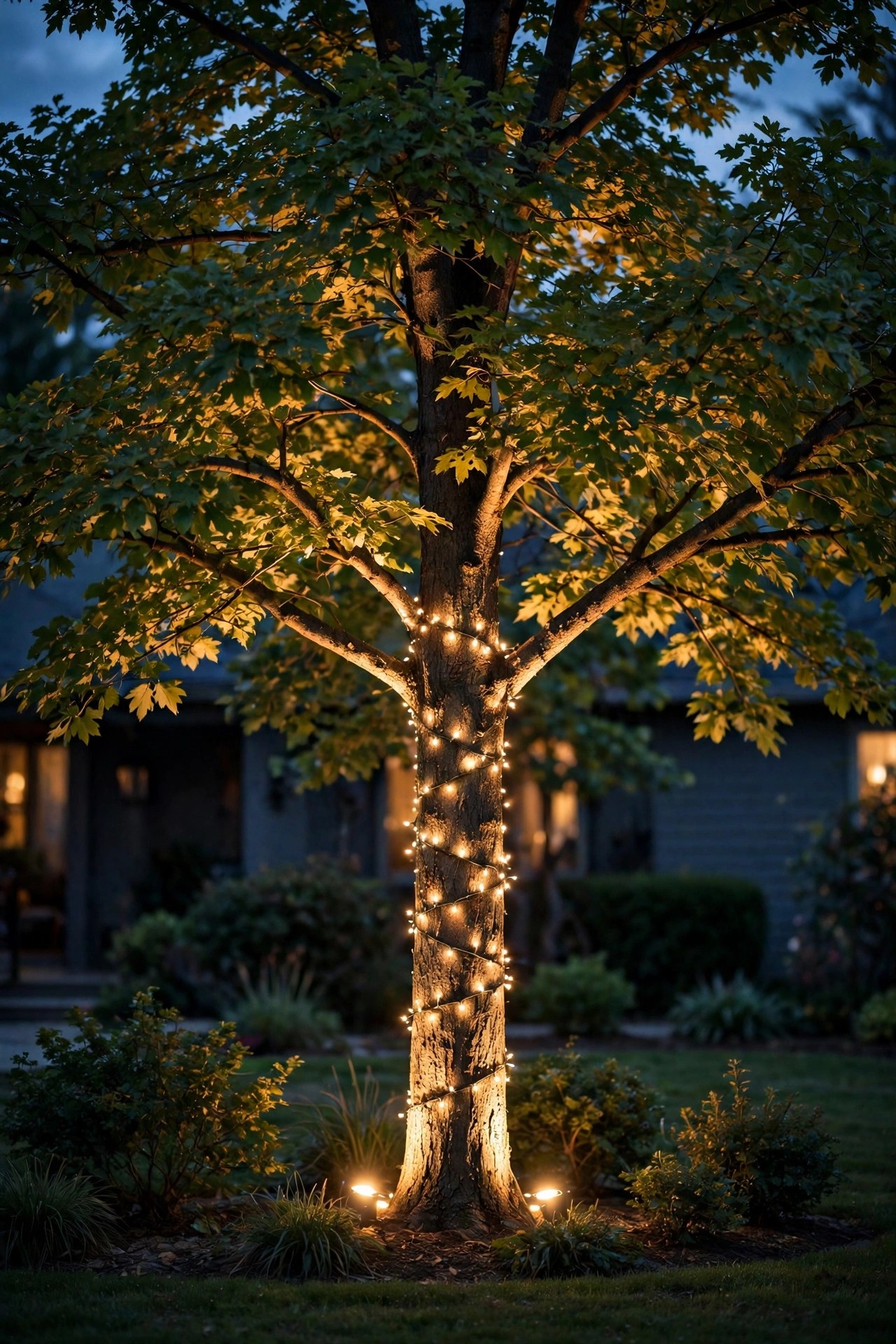 Front yard tree with a fairy light trunk wrap combined with a warm uplight washing the bark and canopy