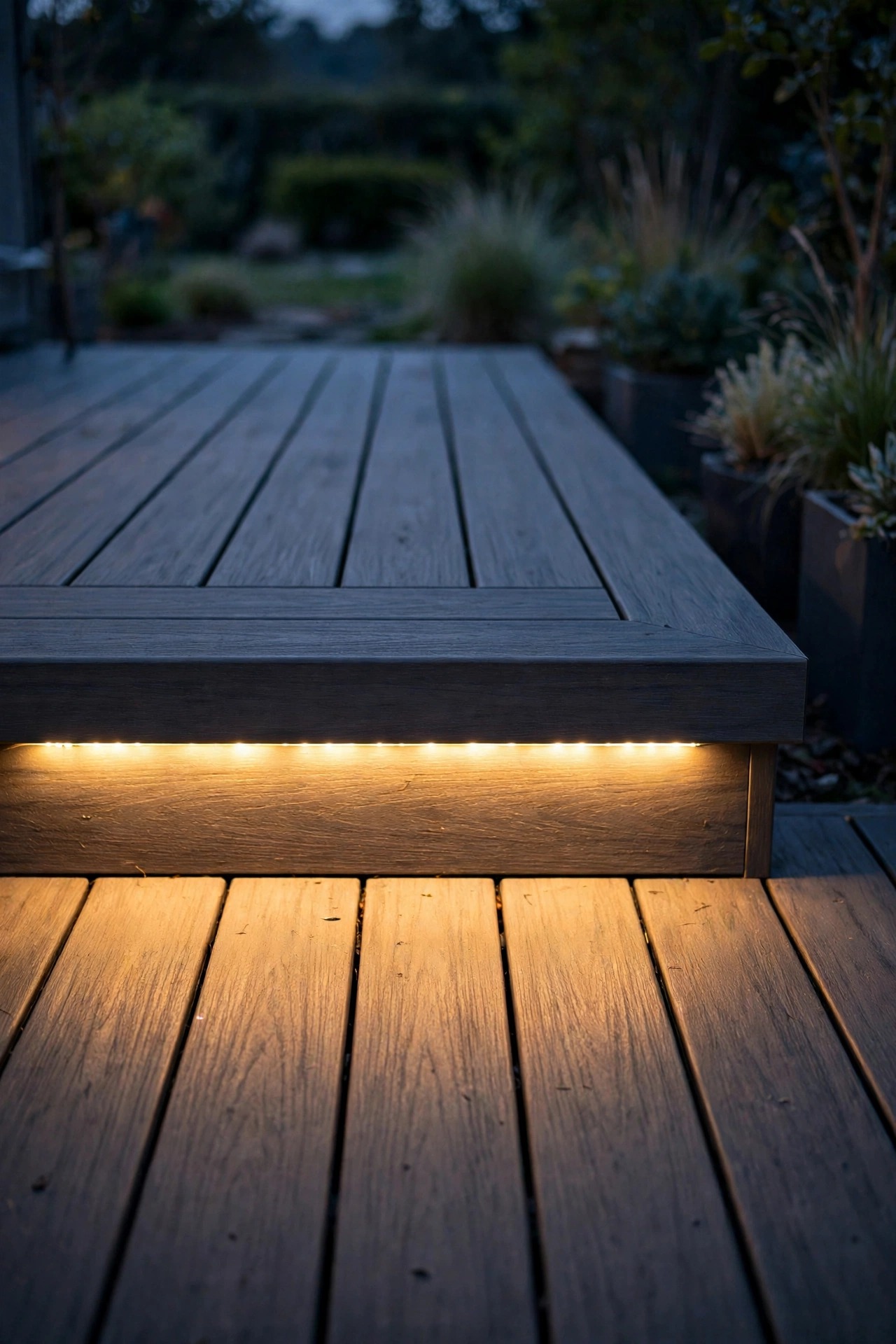 Adhesive LED light bar under a built-in composite deck bench casting a floating glow on the boards