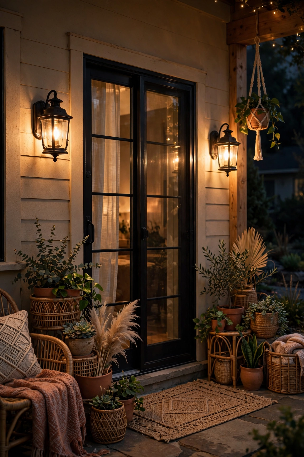 Pair of lantern wall sconces glowing beside a patio door at night