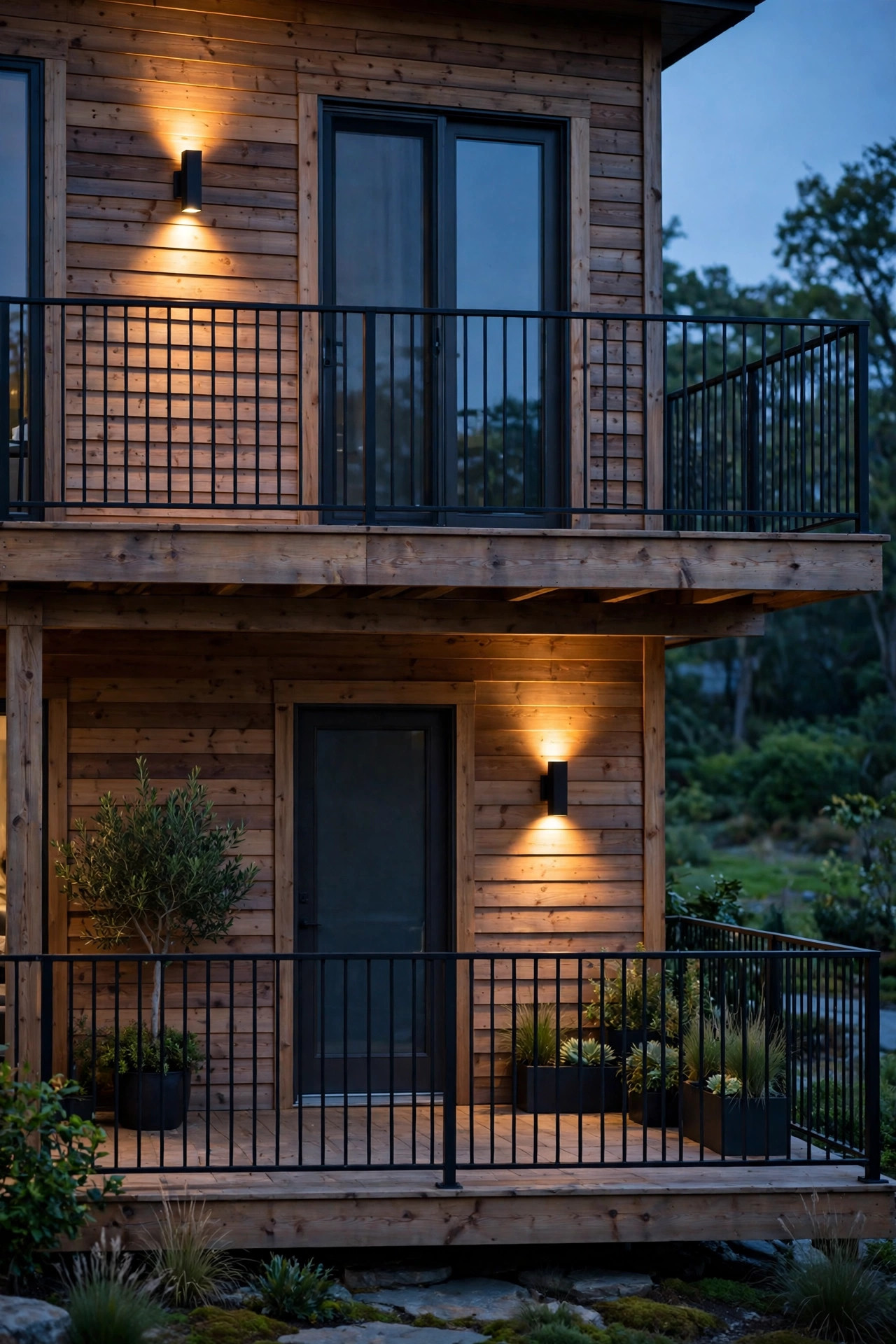 Up-down wall sconces glowing on house siding beside doors on two deck levels