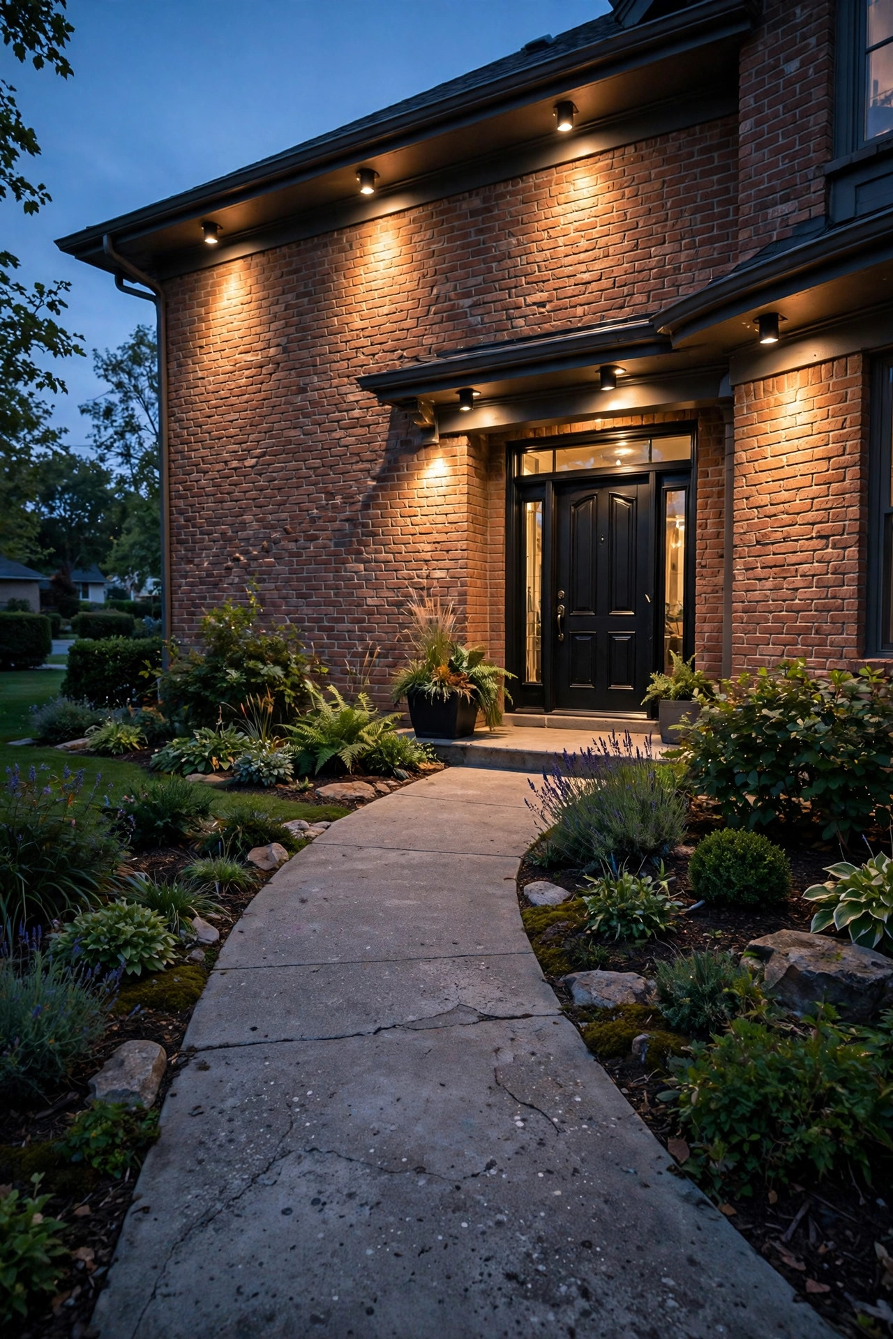 Downlight wall washers illuminating a front walkway and brick facade