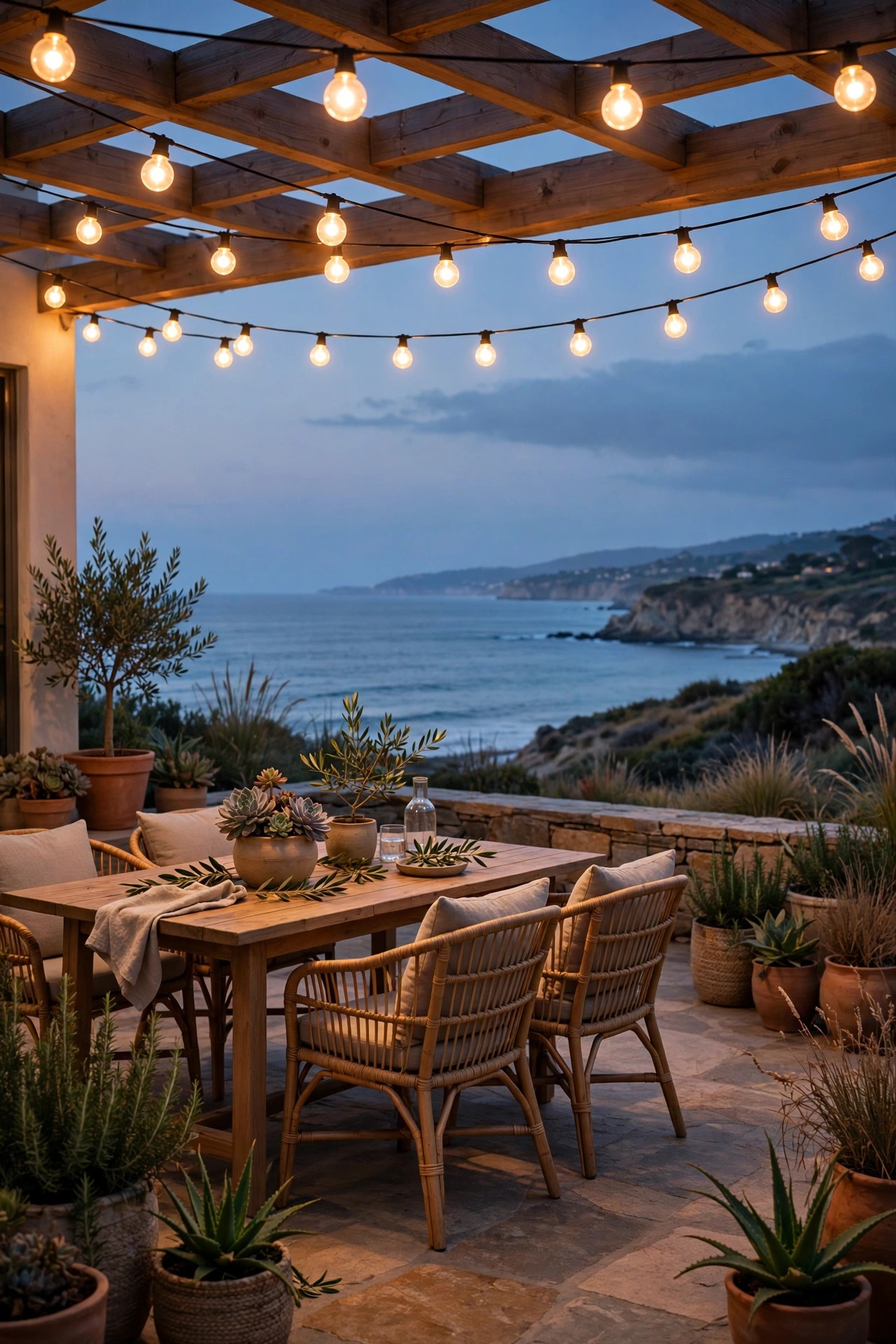 Coastal patio bathed in consistent 2700K warm white light from matching bulbs