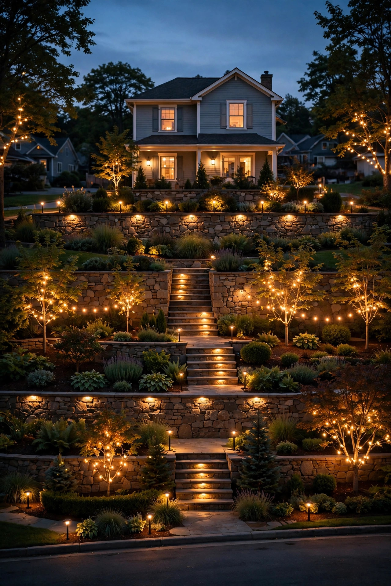 Terraced front yard glowing in one consistent warm 2700K color temperature across all levels