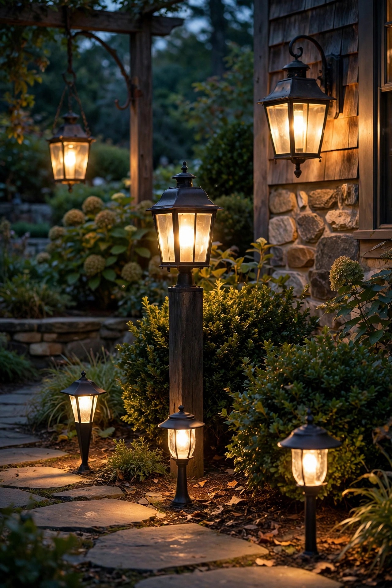 Assorted colonial style garden lanterns and path lights all glowing the same warm 2700K color temperature at dusk