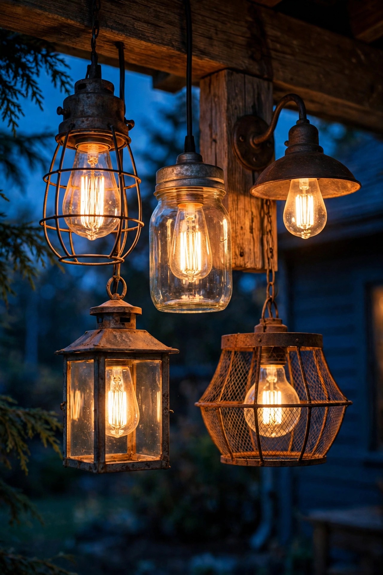 Collection of warm filament bulbs at matching 2700K glowing inside assorted rustic porch fixtures
