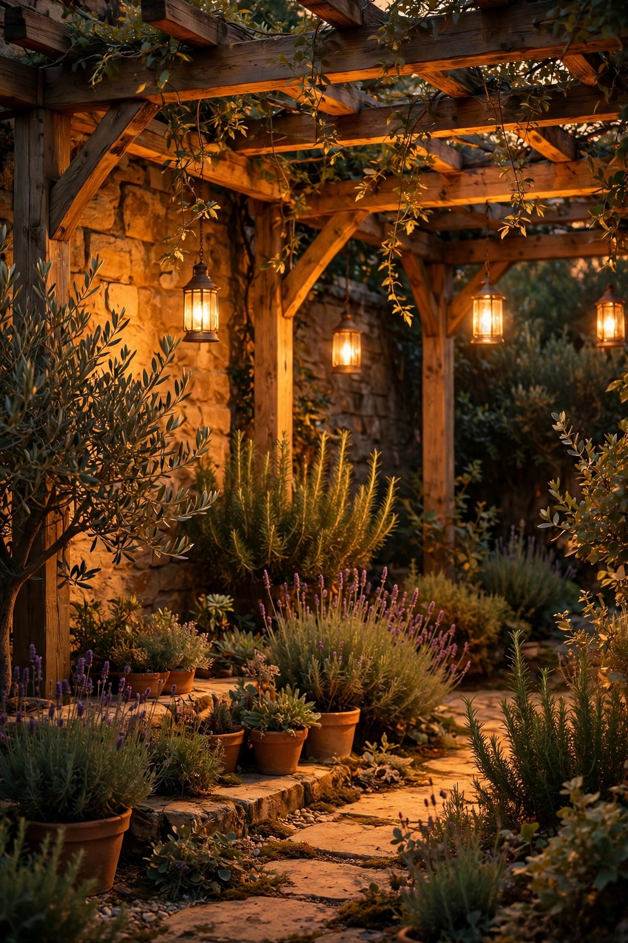 Garden scene lit entirely in warm 2700K light showing honeyed wood stone and foliage tones at dusk