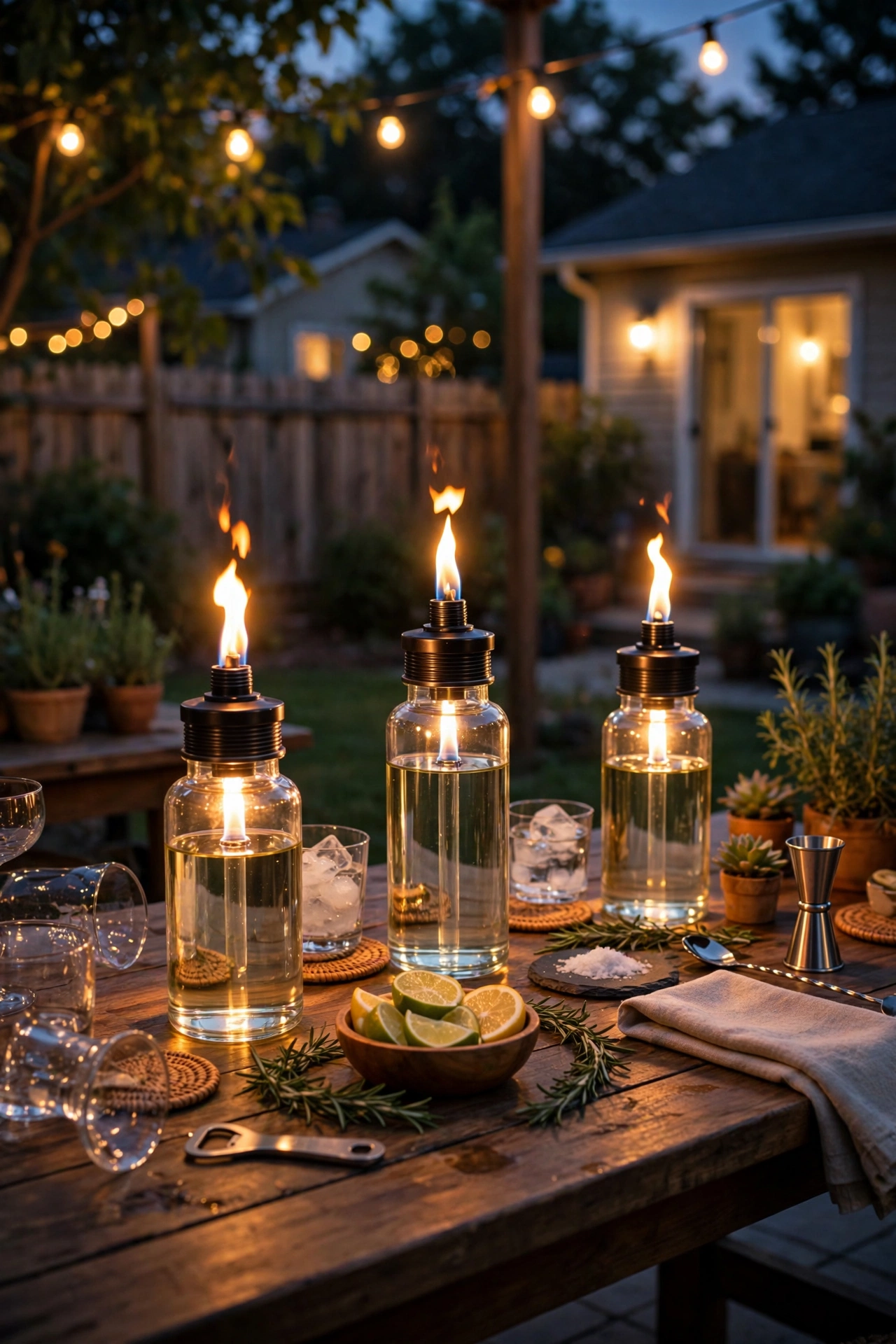 Wine bottle torch lights with citronella fuel glowing on a party bar table