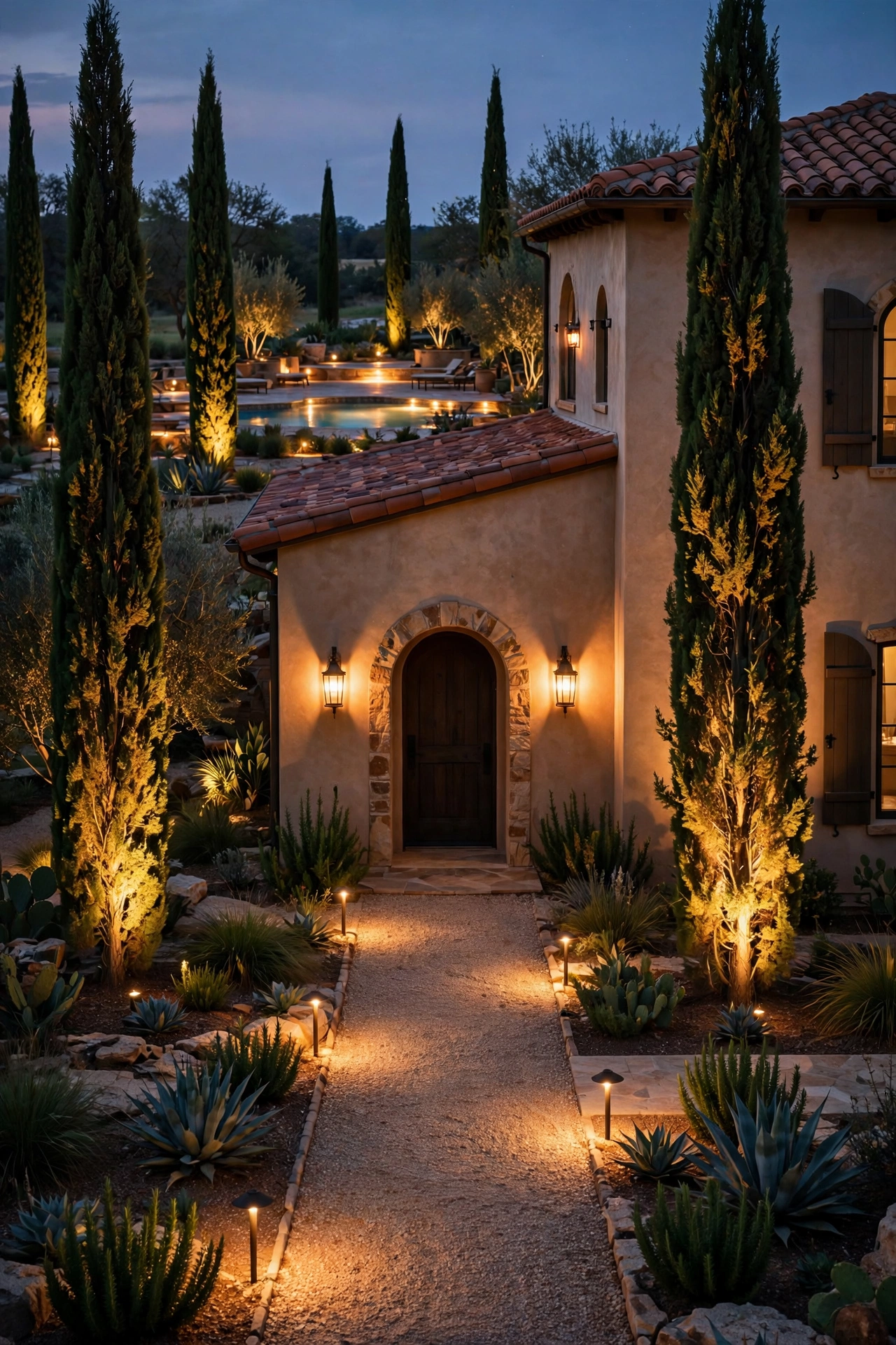 Mediterranean villa garden glowing at dusk with automated lighting zones on a timer