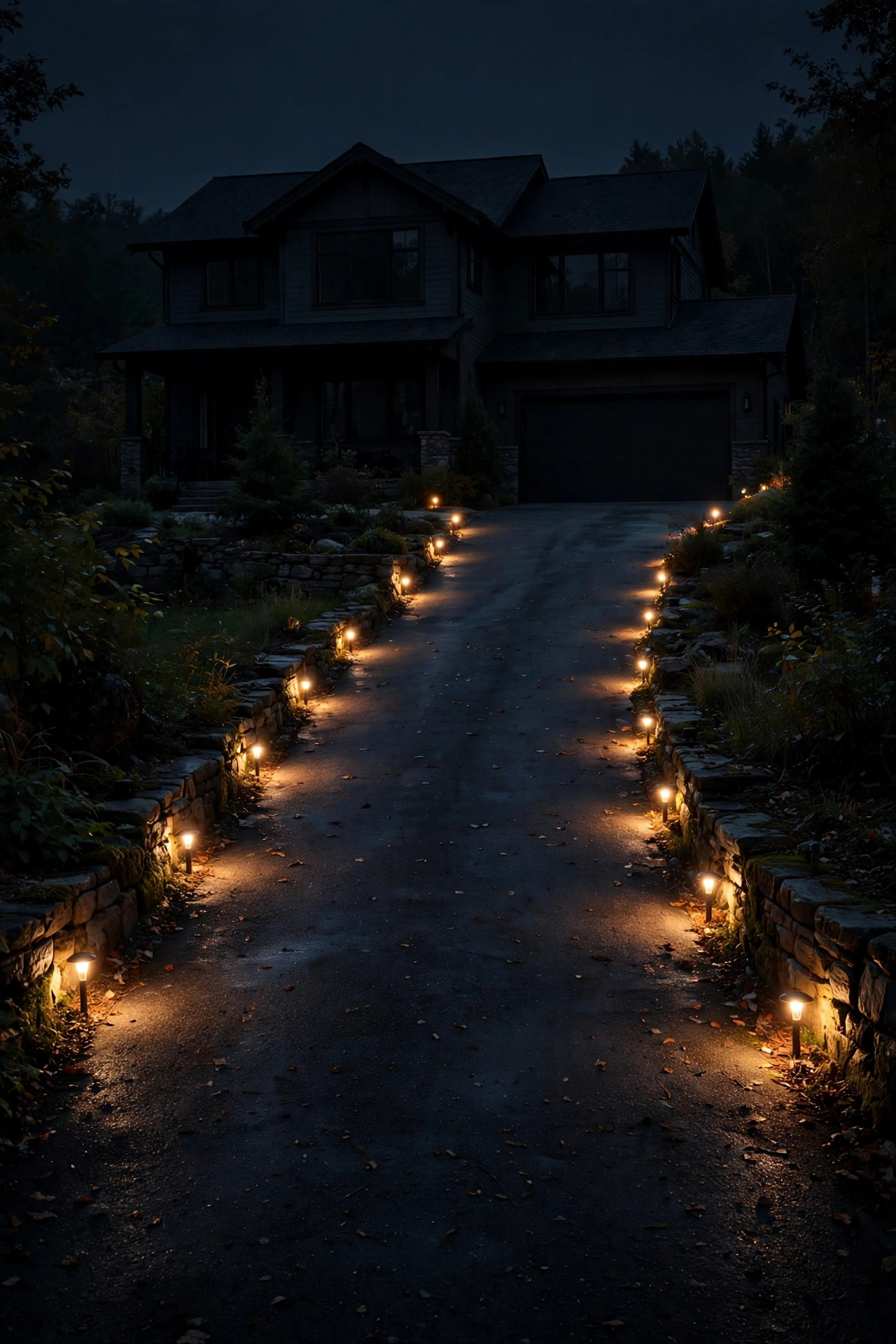 Battery-backup edge lights still glowing along a steep driveway during a nighttime power outage, house dark behind them