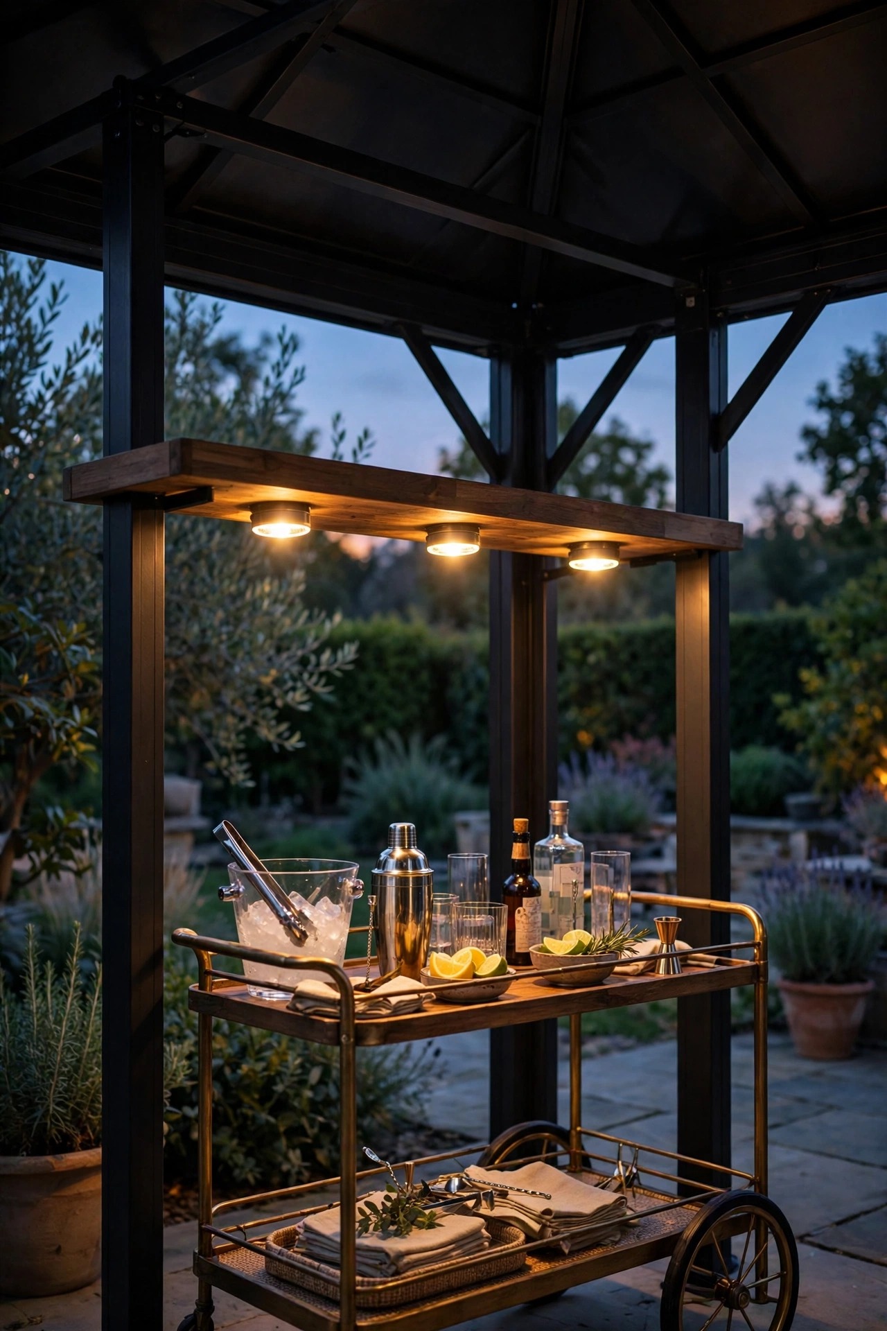 Battery puck lights glowing under a serving shelf inside a hardtop gazebo, warm light over a bar cart at dusk