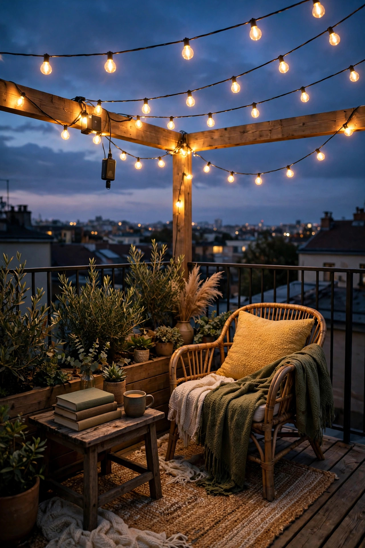 Battery powered string lights glowing over a cozy reading corner at the far end of a rooftop deck at dusk