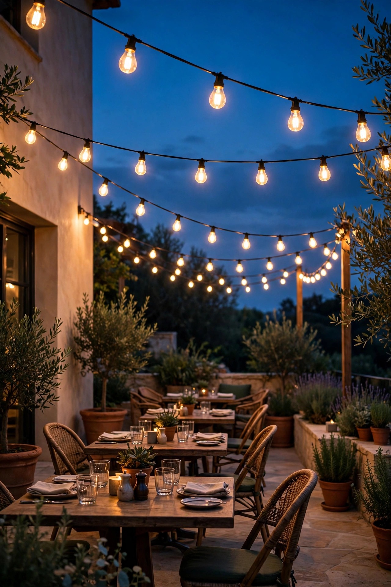 Commercial-grade café string lights with warm filament bulbs strung in neat curves over an elegant outdoor dining terrace at dusk