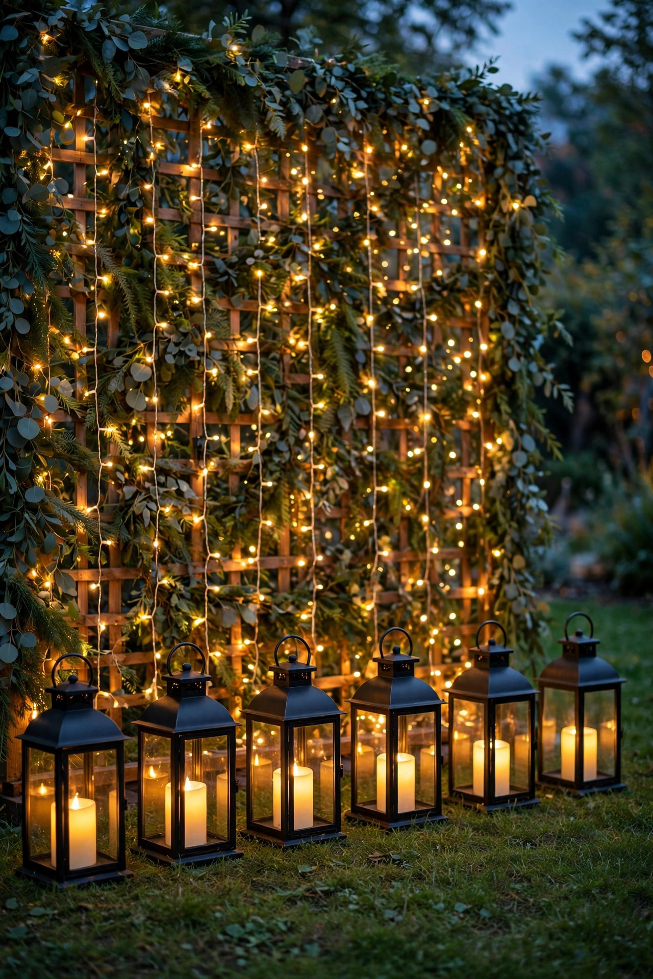 Row of flameless candle lanterns lining the base of an outdoor photo backdrop wall at dusk