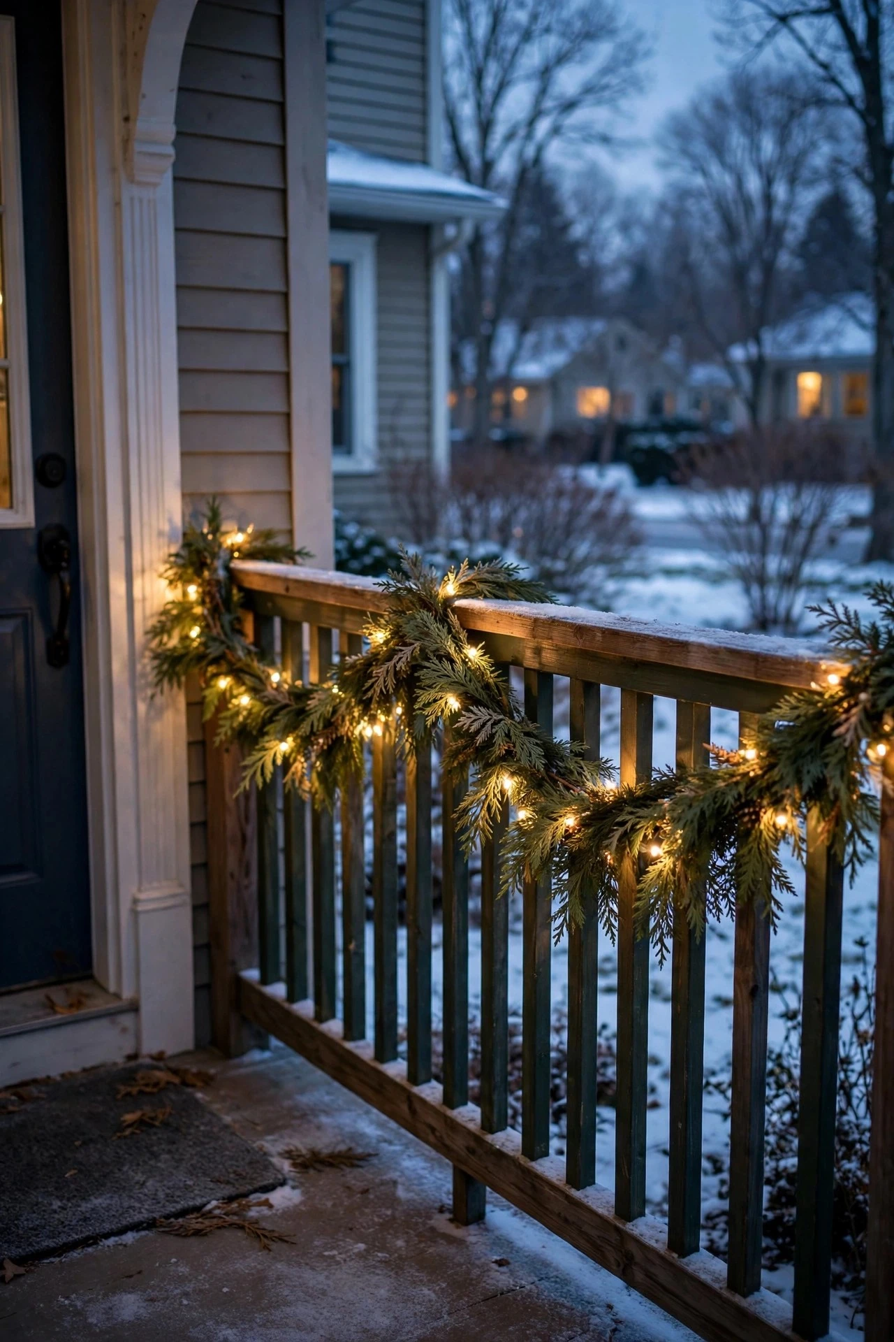 Faux cedar garland with warm microlights running along a porch railing in winter