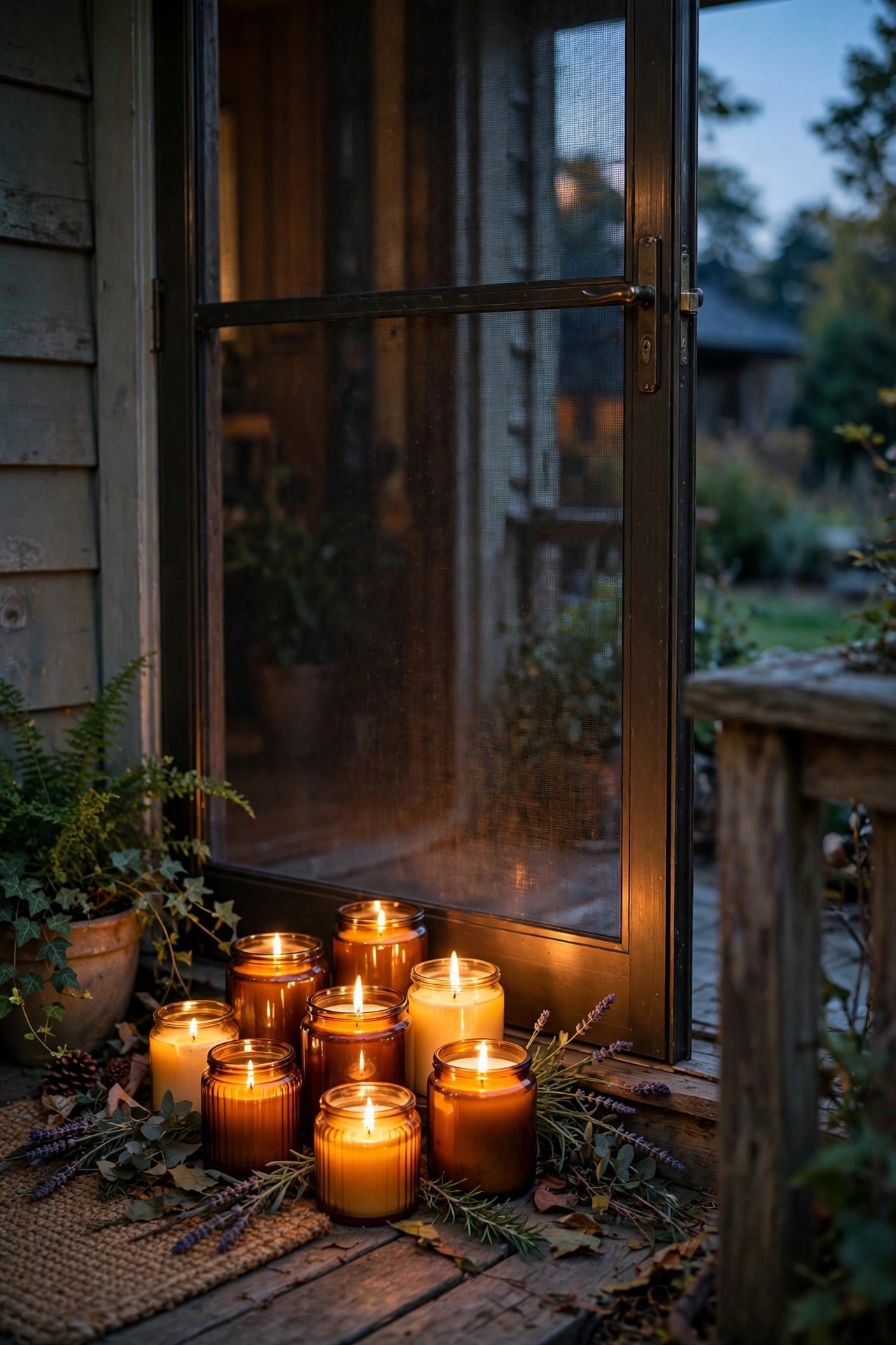 Citronella candles in amber glass jars clustered outside the screen door of a porch at dusk