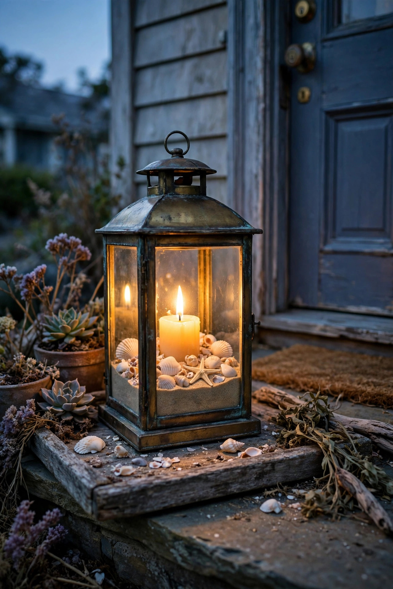 Coastal lantern filled with sand, shells and a candle on a weathered tray by the front door