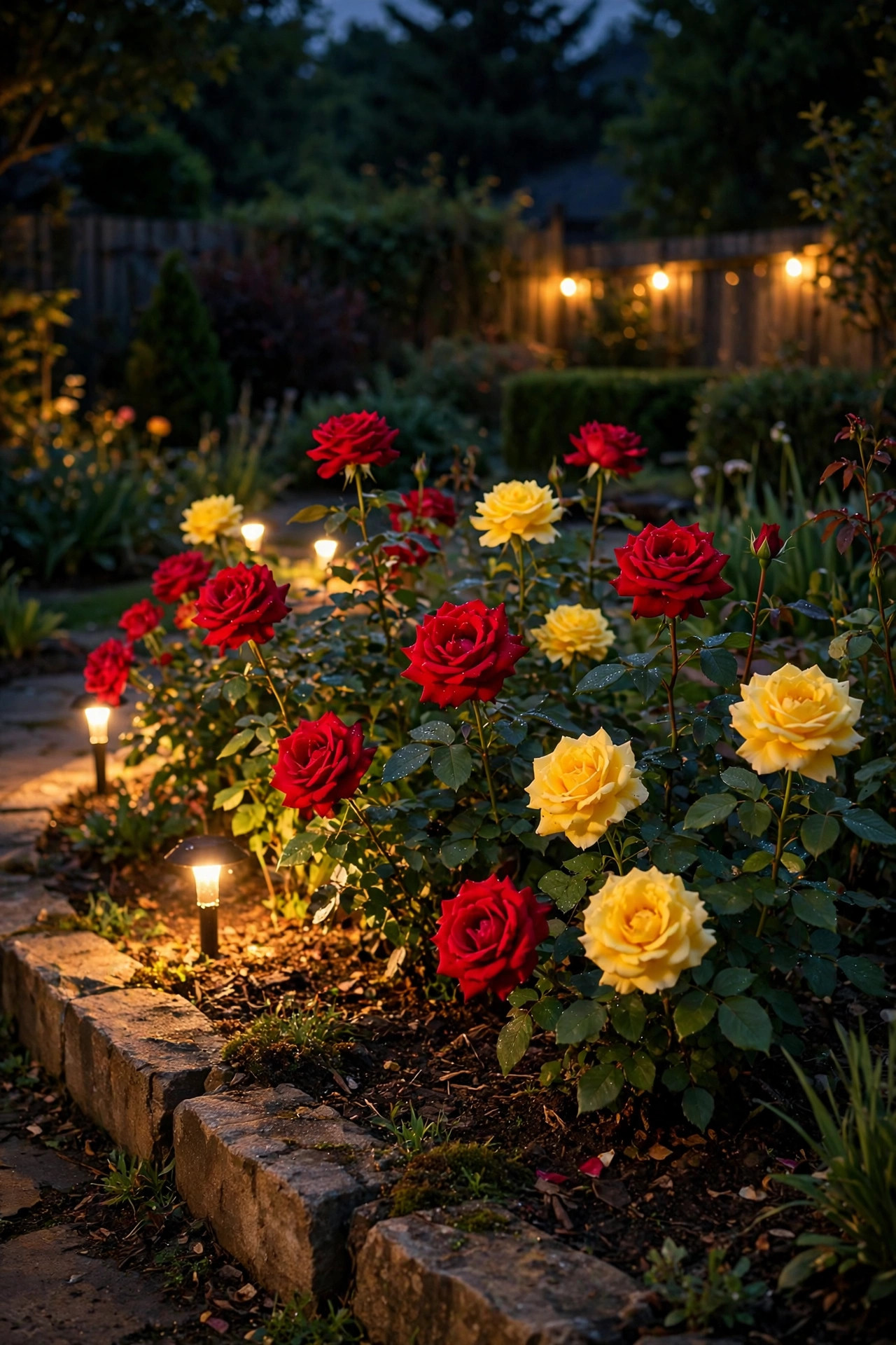 Warm white light enhancing red and yellow roses in a flower bed at night
