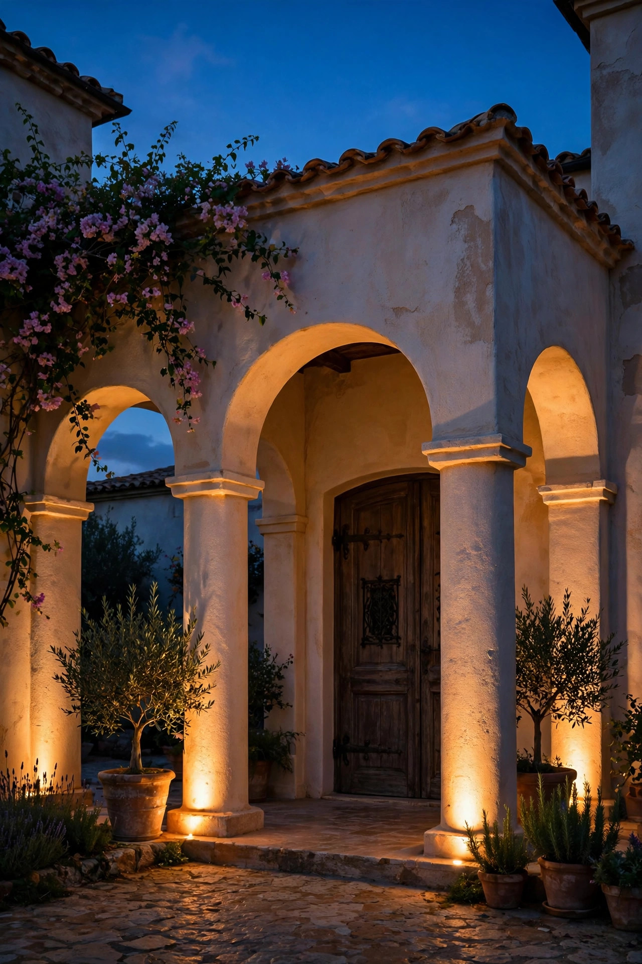 Warm uplights glowing at the base of stucco columns and arches in a villa courtyard entry